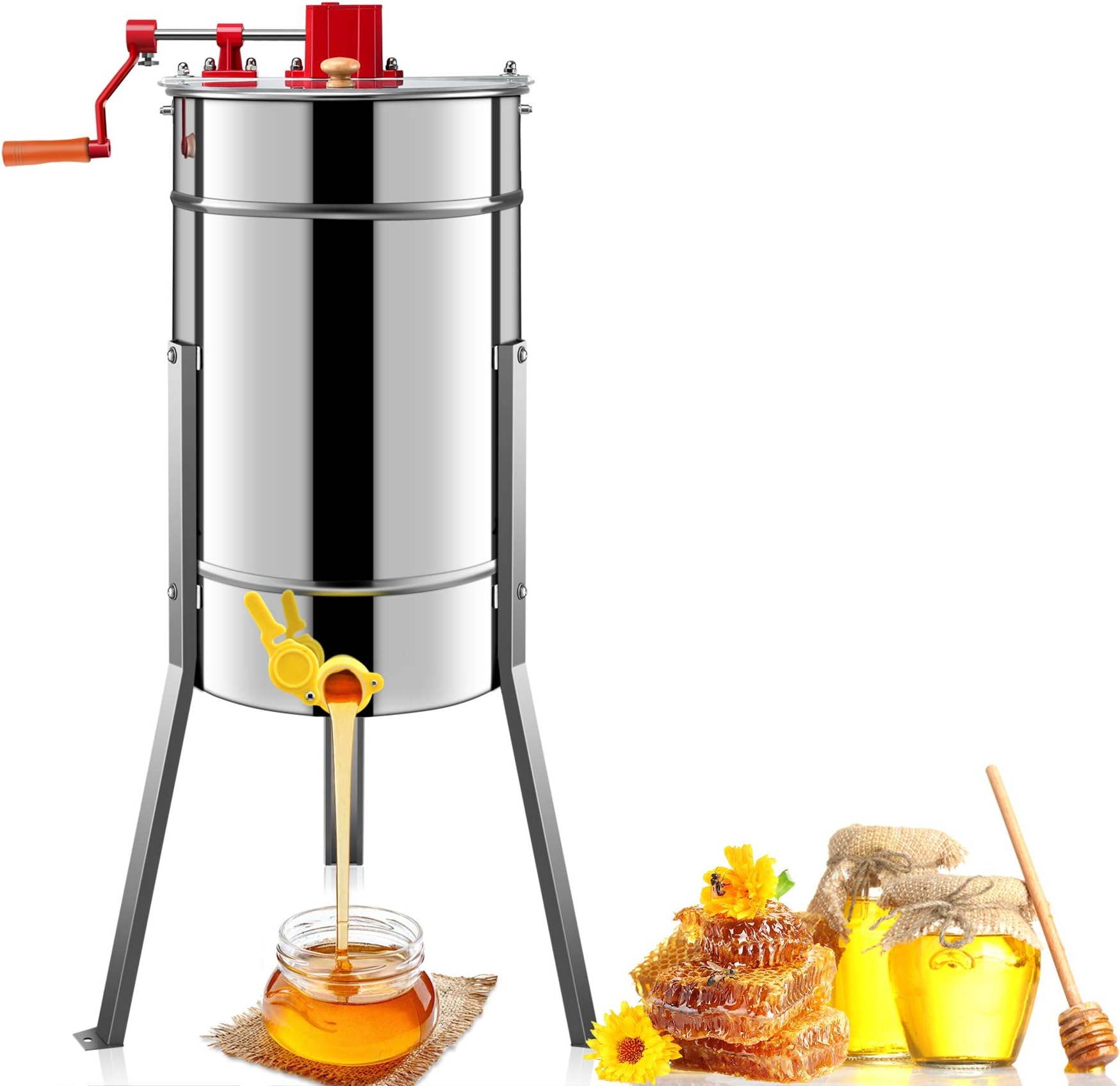 Kwasyo Stainless Steel Manual Honey Extractor, 16.53"/ 42cm Diameter, 3 Frame Bee Keeping Equipment Tool with Detachable Support Legs and Transparent Lid, Honeycomb Spinner Beekeeping Equipment