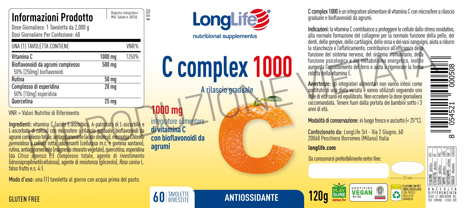 LongLife® C complex 1000 | Vitamina C 1000 mg a rilascio graduale | Alto dosaggio | Con bioflavonoidi da agrumi e quercetina | Difese immunitarie | 2 mesi di trattamento | Vegano e senza glutine