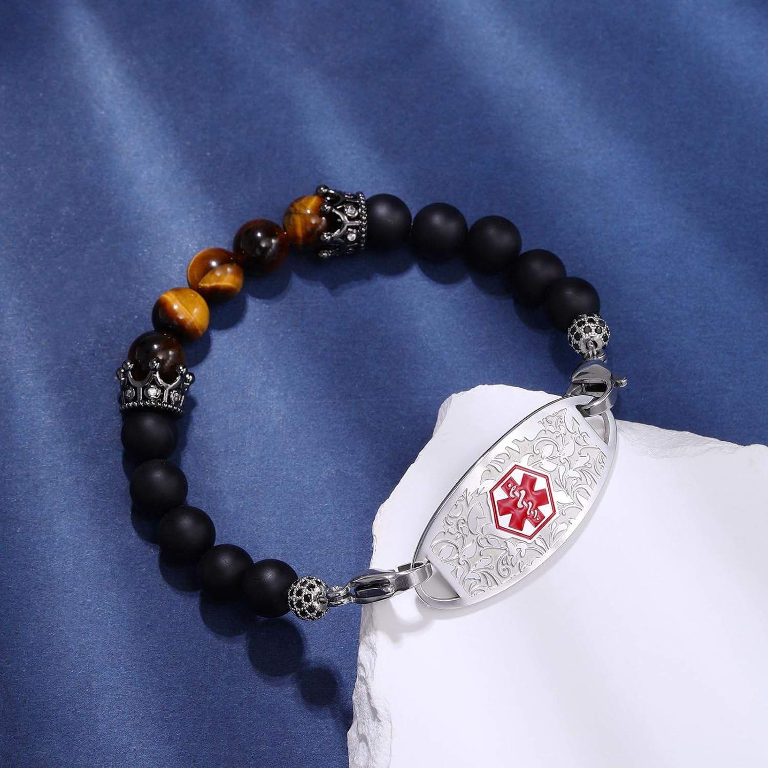 Medical Alert Bracelets for Women Men, Personalized Custom Medical ID Bracelet, 7 Chakras Beaded Emergency Medic Alert ID Bracelet, Free Engraving