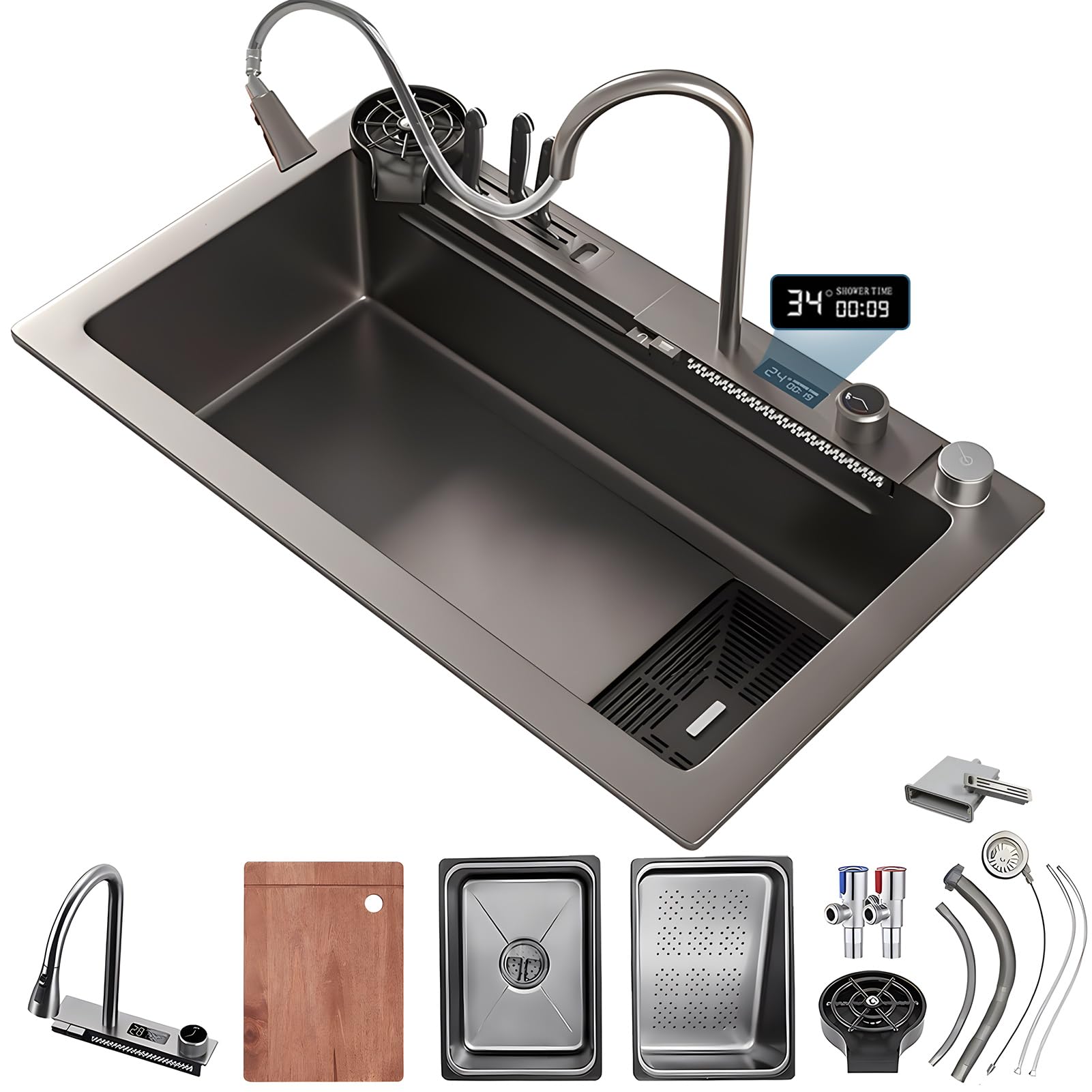 ZQFHSX 75x45cm Multifunctional Bar Sink, 1 Basin, Built-in, Waterfall, Stainless Steel, Rectangle, 5 Tap Holes, Kitchen Sink
