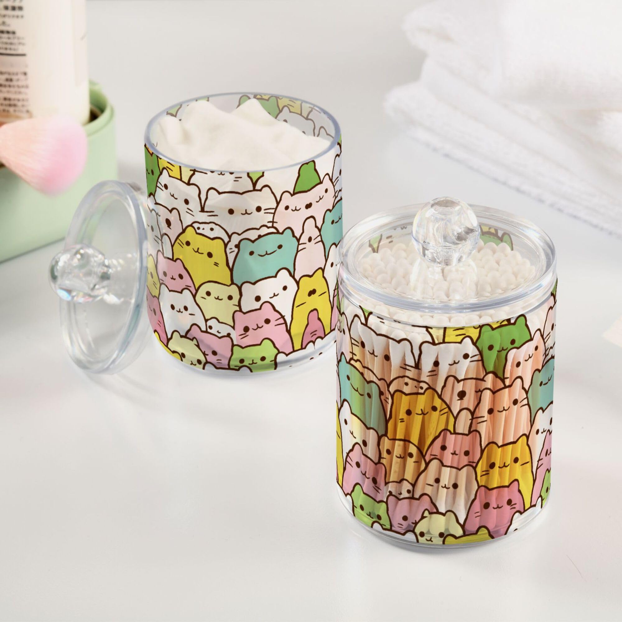MNSRUU 2 Pack Qtip Holder Organizer Dispenser Cat Cute Pink Bathroom Storage Canister Cotton Ball Holder Bathroom Containers for Cotton Swabs/Pads/Floss