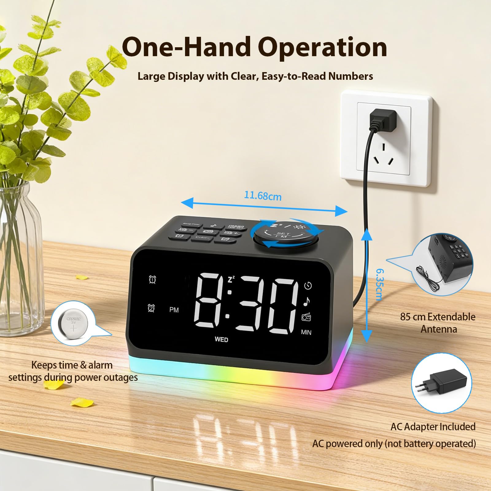 Digitaler Radiowecker für das Schlafzimmer – 8-farbiges Nachtlicht (0-100% dimmbar), Doppelalarm mit 7 Wecktönen, flexibler Schlaf-Timer (10-480 Min), 2 USB-Ladeanschlüsse, zuverlässiger Netzbetrieb