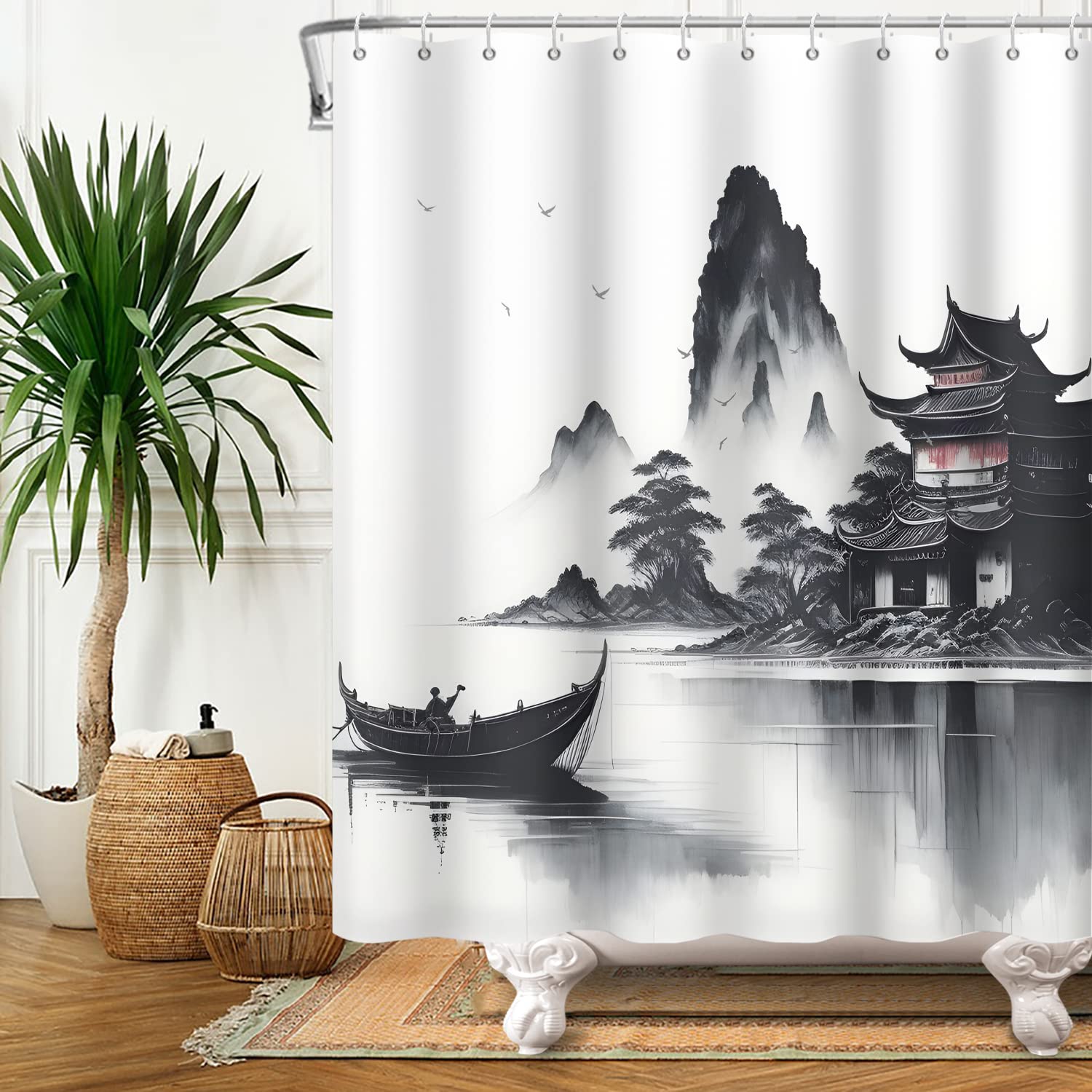 SDOTPMT 105x160cm Japanese Asian Ink Painting Shower Curtain Foggy Mountain Boat Wild Goose Bathtub Curtain Outdoor Natural Scenery Bath Curtain for Bathroom Decor Polyester with Hooks - Image 2