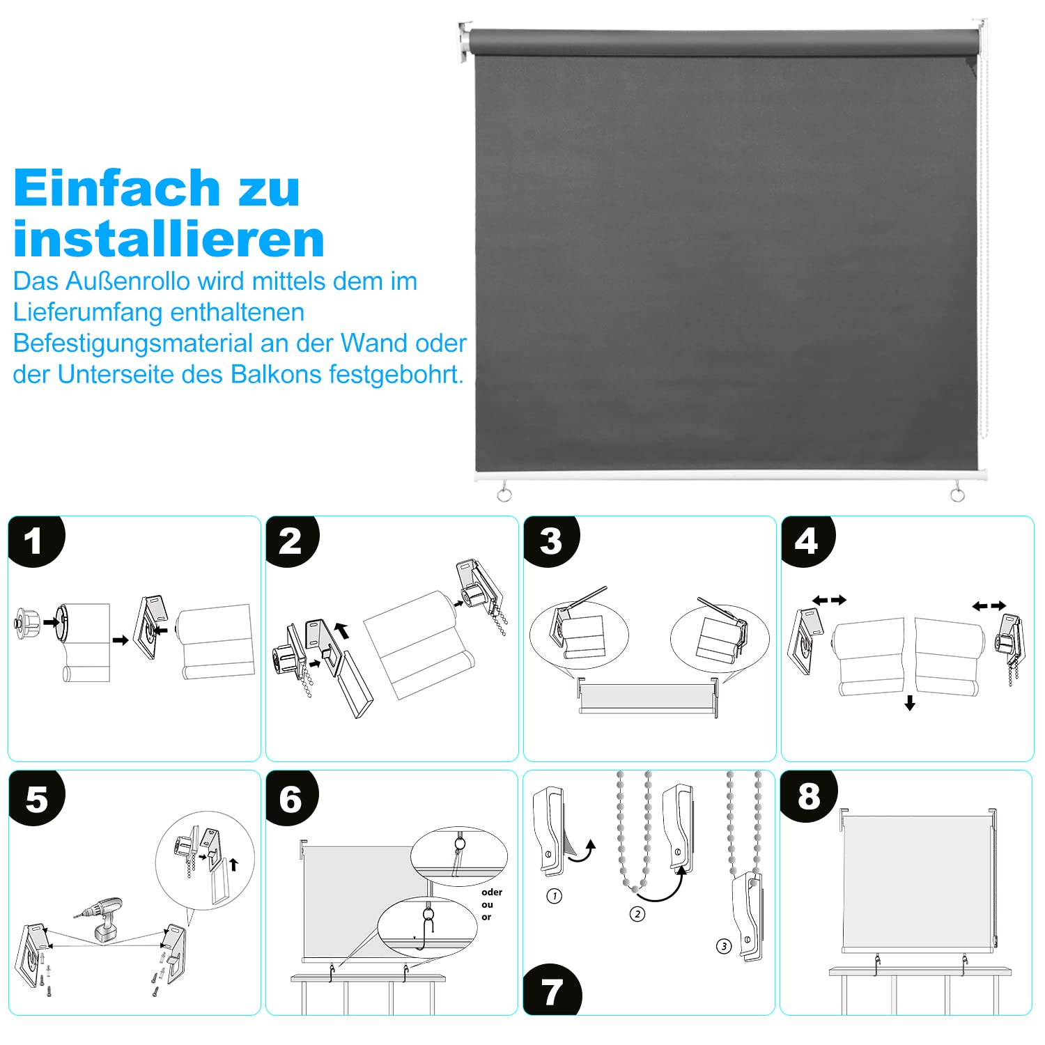 Senkrechtmarkise 180x140 Cm, Anthrazit – Wasserfestes Außenrollo Als Sicht- & Sonnenschutz Für Balkon, Terrasse & Garten