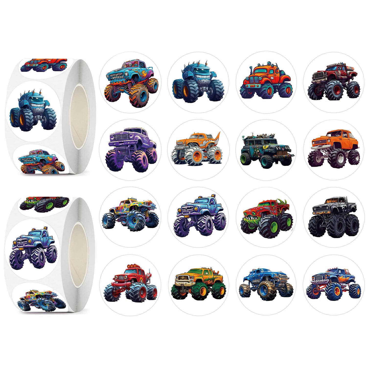 UVUXO 600 Pcs Monster Truck Stickers for Kids- 1.5 Inch Round Stickers Roll 16 Tyles Cars Kindergarten Stickers Teacher Sticker for Kids Birthday
