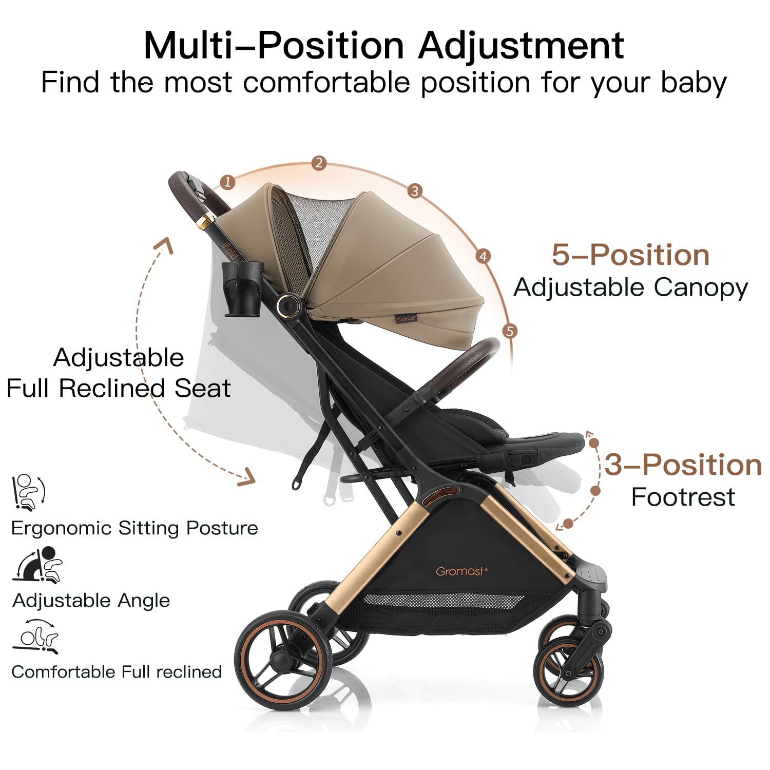 Gromast Gravity Passeggino pieghevole da viaggio portatile con schienale regolabile e tettuccio parasole, leggero e protetto dai raggi UV, pieghevole con una sola mano, Golden