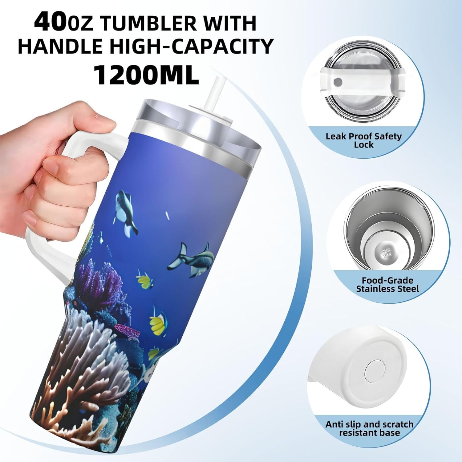 40 OZ Shark Swimming Under the Sea Print Ice Bully Cup with Handle Straw Lid Straw,Stainless Steel Tumbler Coffee Cup