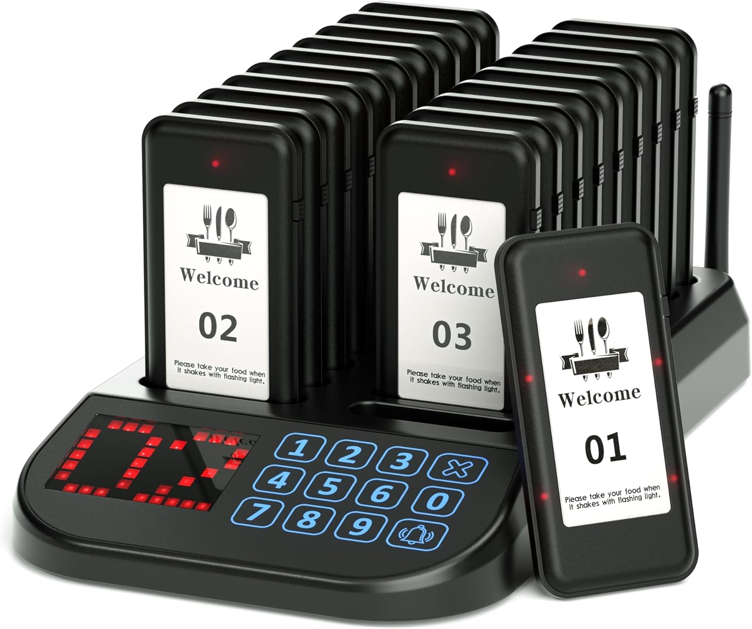 20-Buzzer Restaurant Pager System, Wireless Calling System Waterproof Coaster System with Touch Panel & Large Display for Food Truck Cafe Clinic, 328ft Indoors, Mute Button on Beeper