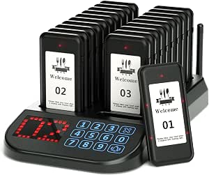 20-Buzzer Restaurant Pager System, Wireless Calling System Waterproof Coaster System with Touch Panel & Large Display for Food Truck Cafe Clinic, 328ft Indoors, Mute Button on Beeper