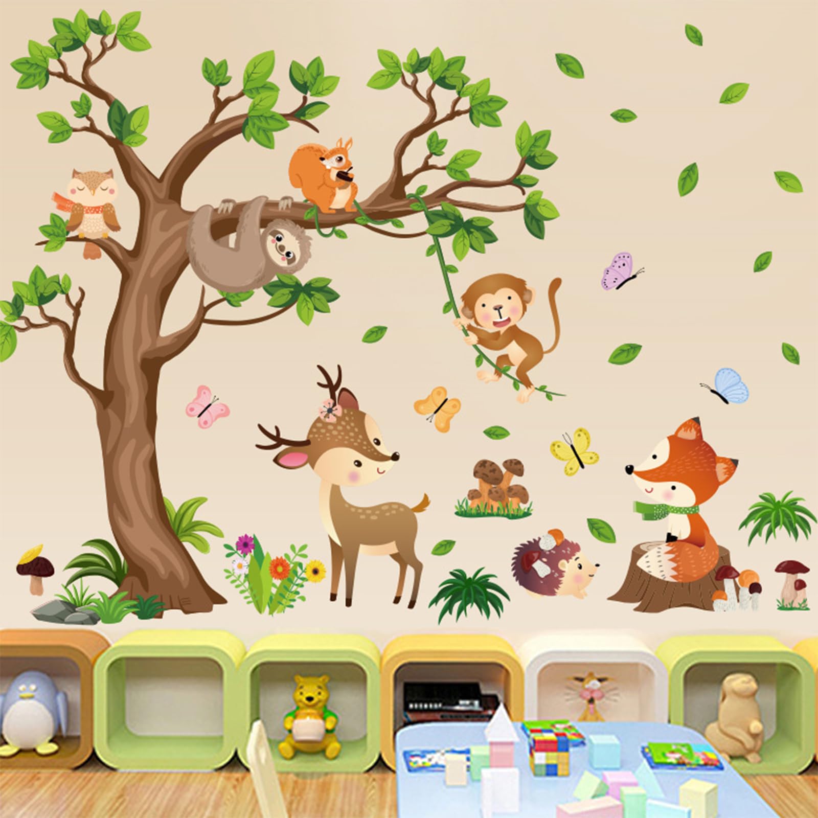 Large Birch Tree & Jungle Animals Wall Decal Set — Peel & Stick, Waterproof, For Nursery & Kids' Rooms - View #6