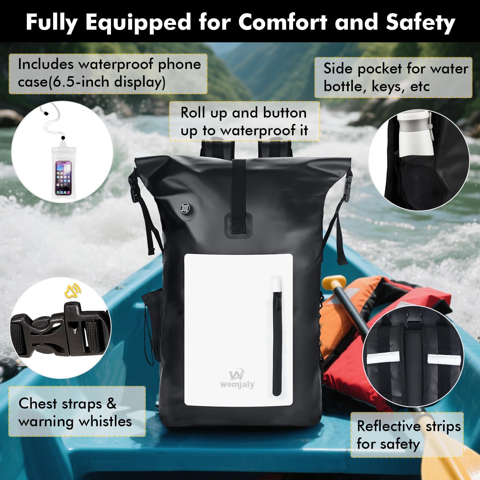 Wasserdichter Rucksack - 30L Rolltop Rucksack mit Laptopfach Reißverschluss Tasche und IPX8 Handyhülle, Dry Bag Rucksack für Kajak, Angeln, Rafting, Radfahren, Täglichen Gebrauch