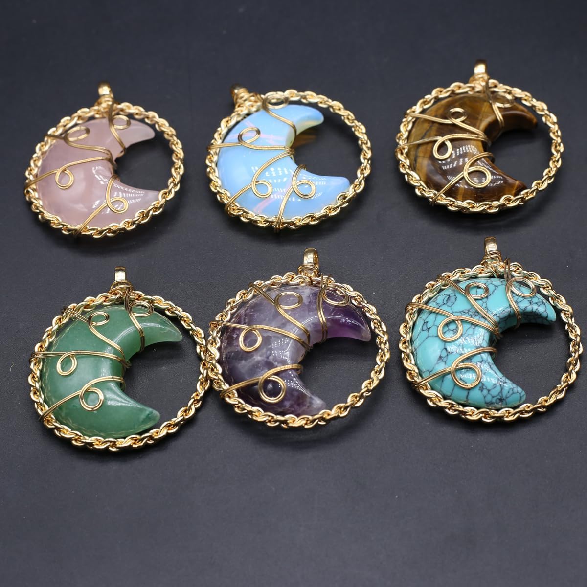 LHJ 8 Pcs Natural Stone Pendants Random Heart and Moon Shape Healing Crystal Agate Copper Wire Knitting Charms for Jewelry Making Necklace Gift - Image 2
