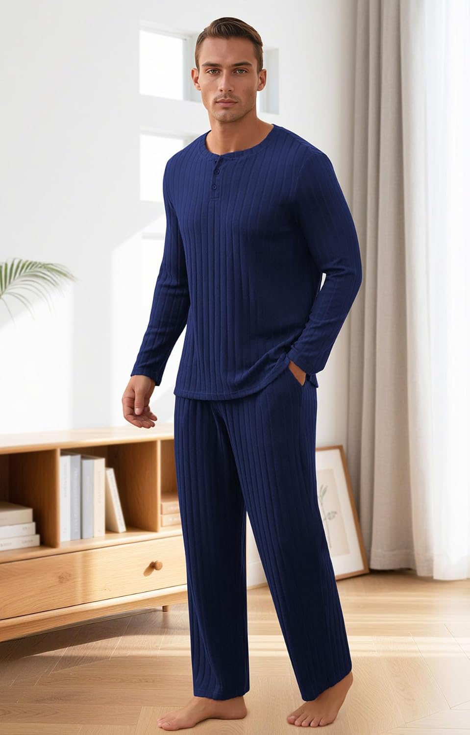 NITAGUT Men's Pajama Set Henley Collar Loungewear Long Sleeved Buttoned Sleepwear 2 Piece Pjs with Pockets - Image 2