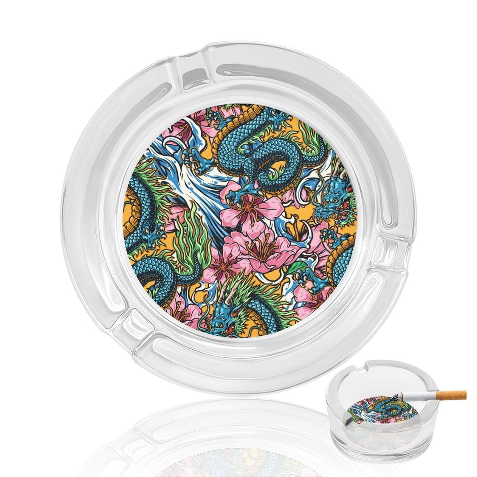 Cool Dragon Patte Glass Ashtray 3.3 Inch Round Cigarette Ash Holder with 4 Grooves for Home Office Outdoor One Size
