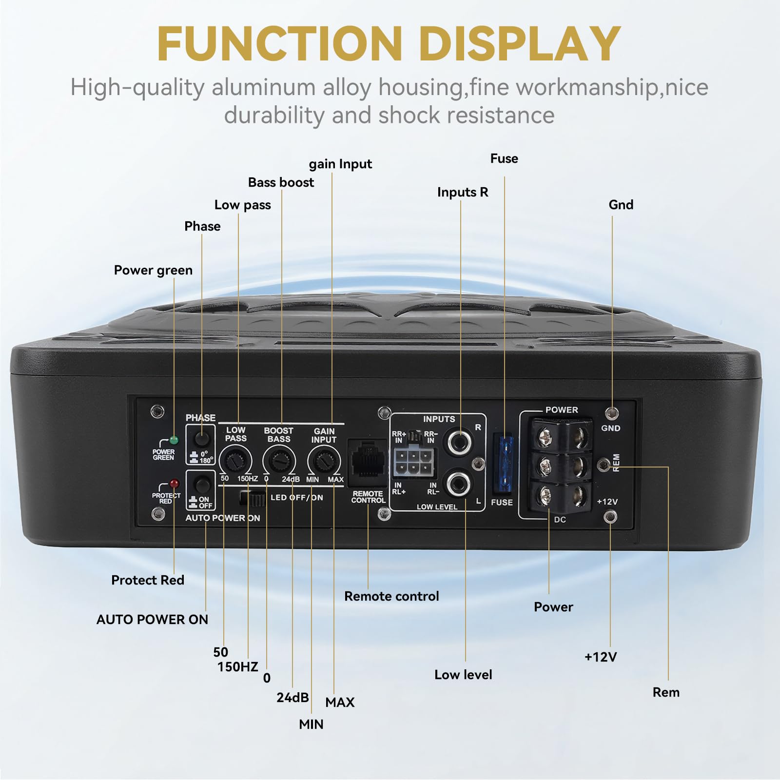 SIXWIN Subwoofer 1200W, 10 Pollici Subwoofer Sottosedile Piatto per Auto con Amplificatore Integrato, Sistema Audio per Auto, Controllo Personalizzato dell’Enfasi dei Bassi, Bassi Profondi