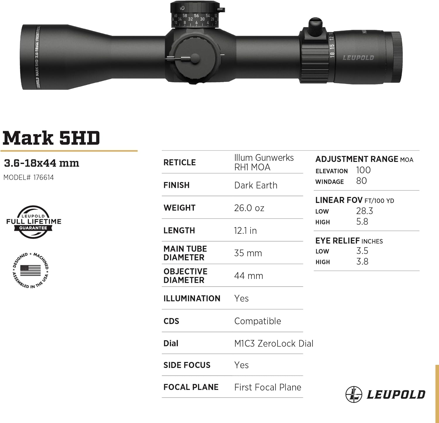 Leupold Mark 5HD 3.6-18x44 (35mm) M1C3 FFP Riflescope
