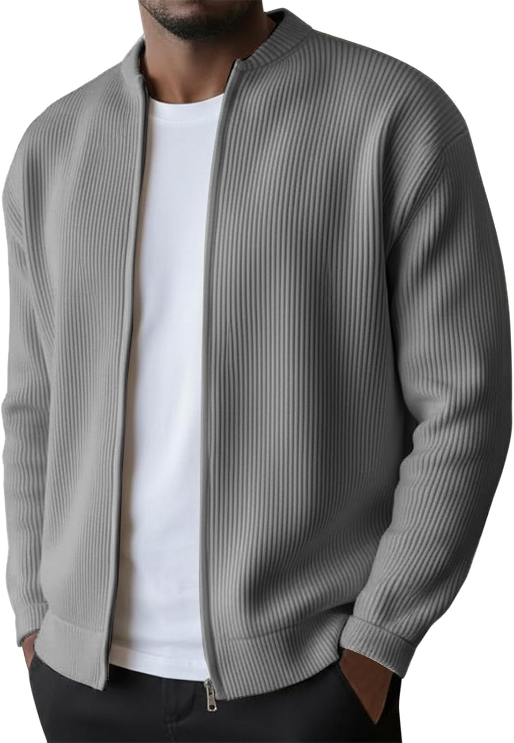 Mens Full Zip Cardigan Sweater Casual Mock Neck Ribbed Knitted Winter Chunky Sweaters