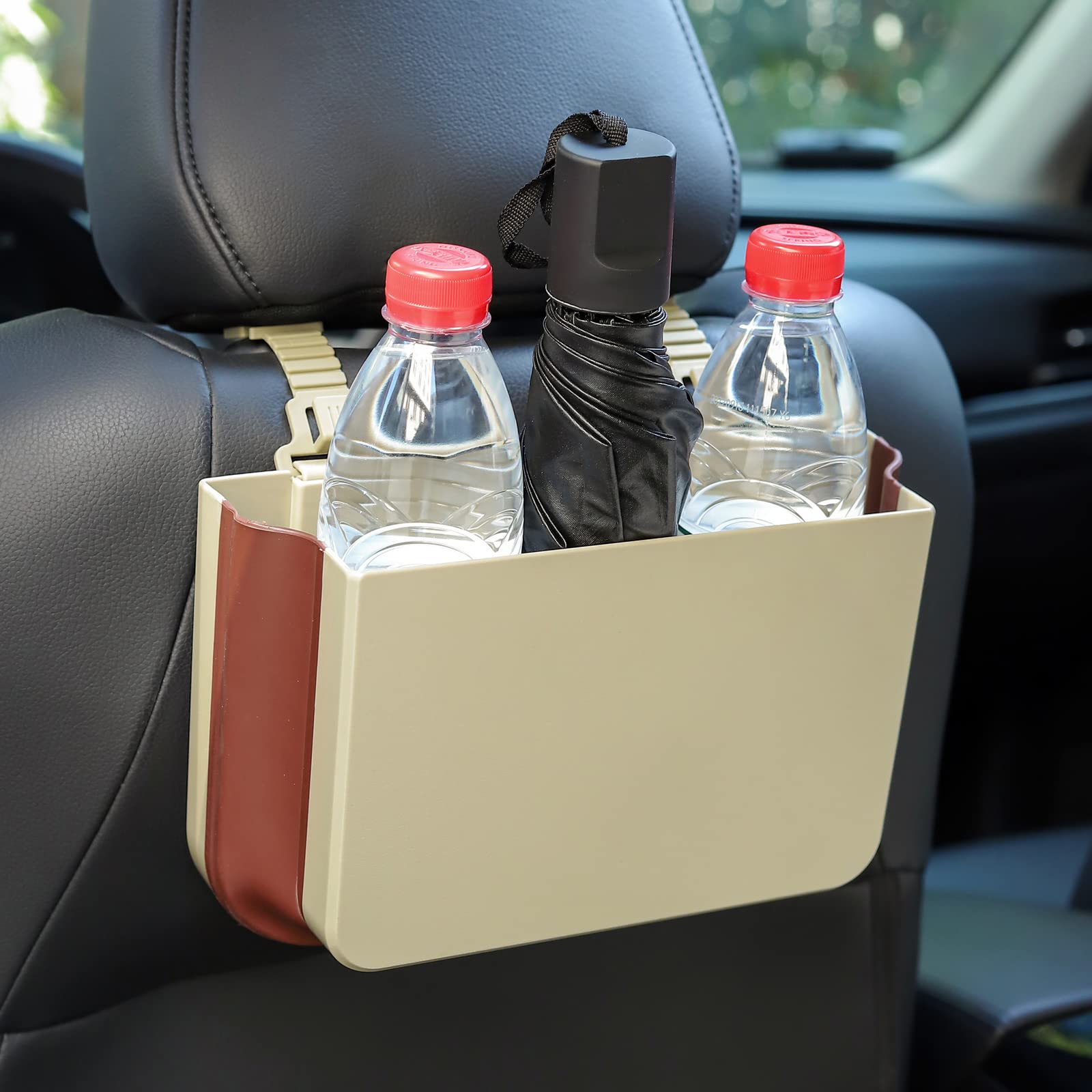 Ettonsun Hanging Waterproof car Trash can, Foldable Back Seat Car Trash Bin Organizer, Portable Automotive Garbage Cans Car Trash Bin Container (Beige)