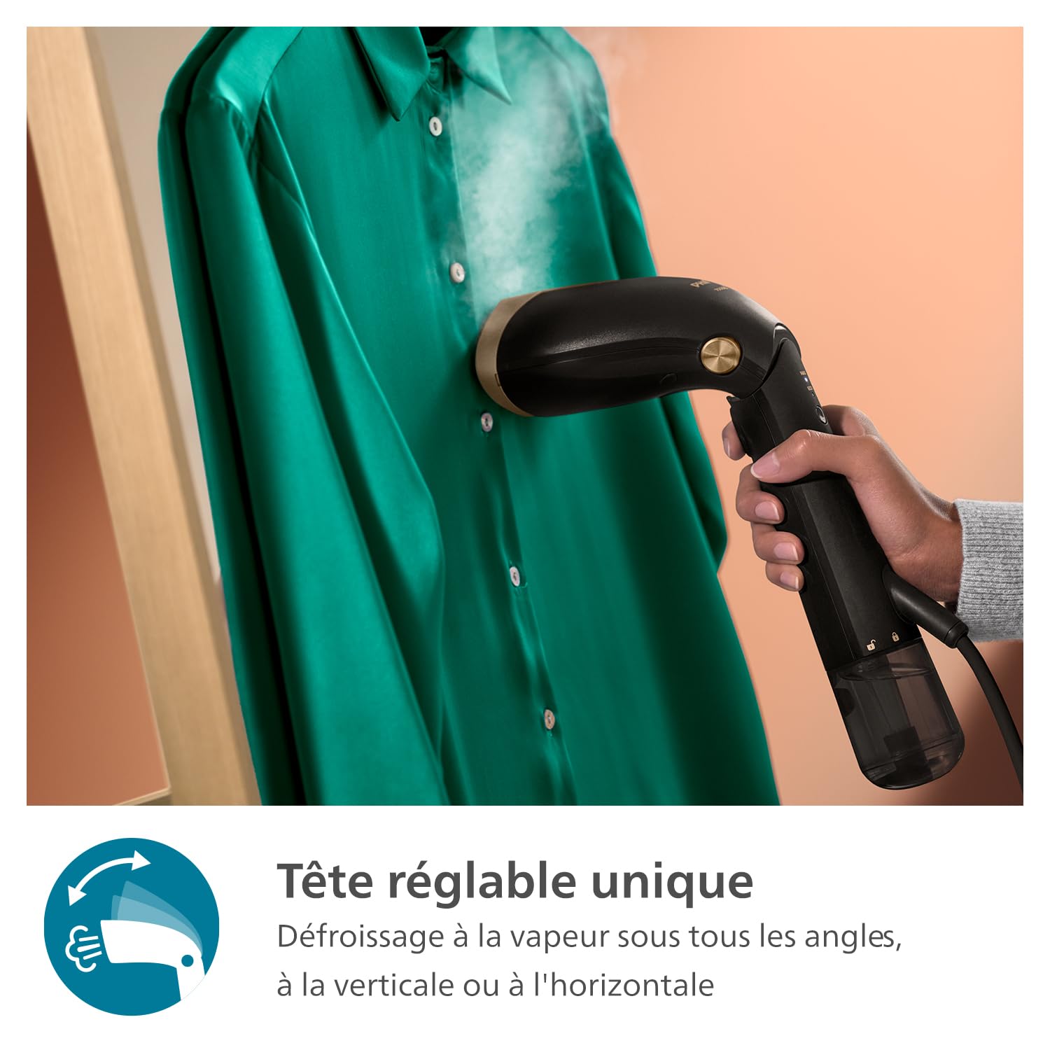 Philips Défroisseur à Main Série 7000 - Steamer 1500W, Vapeur 28g/min, Technologie OptimalTemp, Semelle Métal, Réservoir 100 & 200ml, prêt en 30 sec, Gants & Tapis, Léger 865g, Noir (STH7060/80)