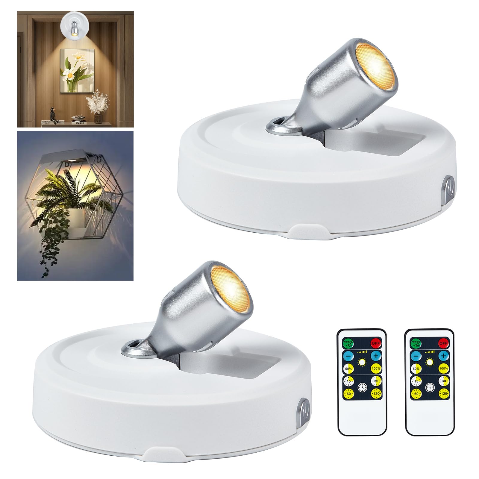RAHAN 2Pack Battery Operated Spotlight, Picture Light with Remote Dimmable & Timer, Plants Uplighting Picture Lights for Paintings, Small LED Spot Display Lights for Wall Frame Artwork Dartboard