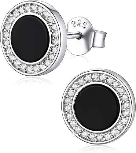 ChicSilver Pendientes de tuerca de plata de ley 925 con runa vikinga de ónix negro natural para mujeres y hombres