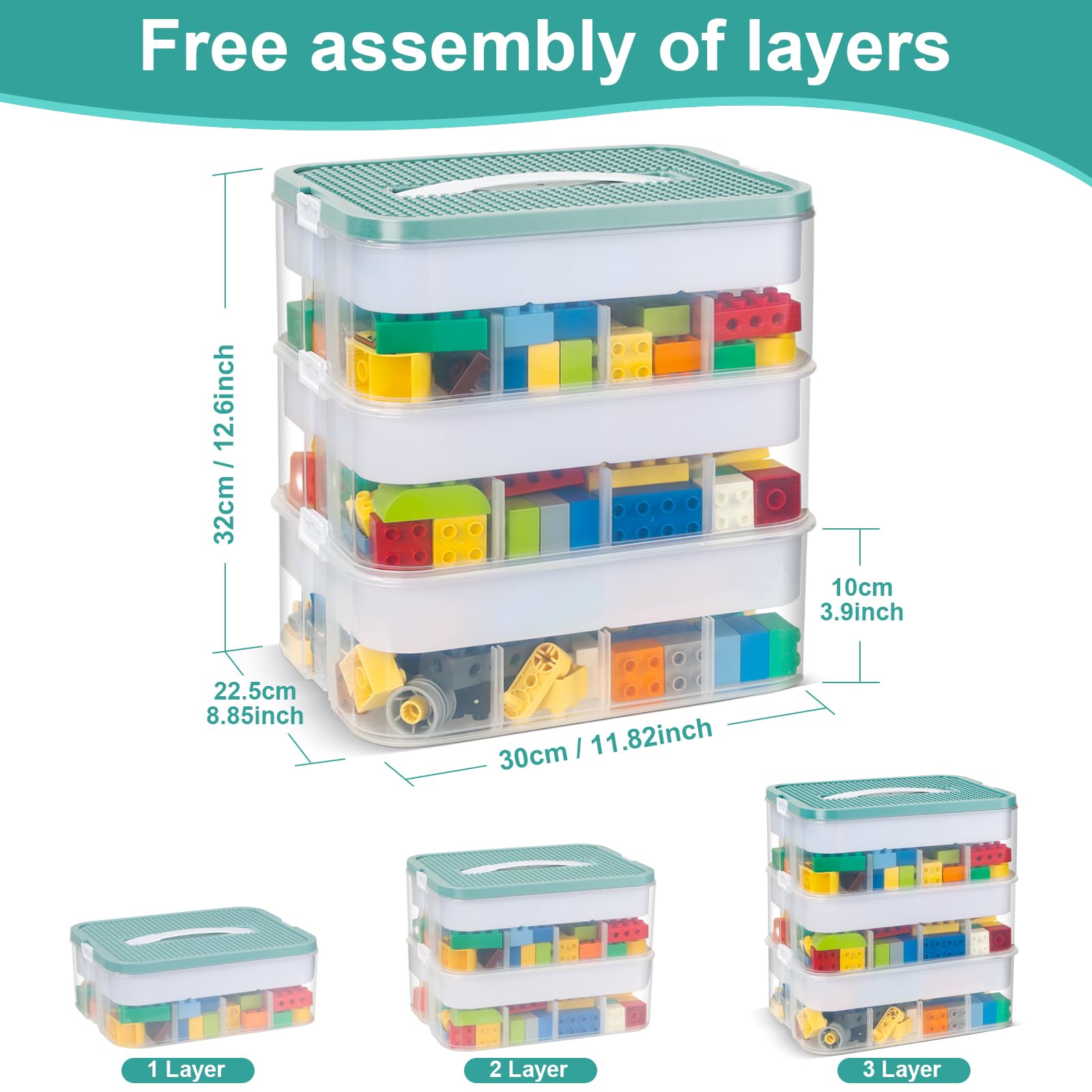 Scatole portaoggetti con coperchi per Lego, scatole portaoggetti a 3 strati per Lego, impilabili, in plastica, con scomparto trasparente per mattoncini, artigianato, verde