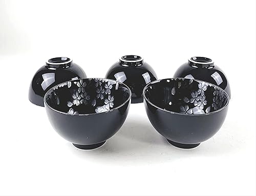 Miniatura 8 de JapanBargain 4690 - Juego de 5 cuencos de arroz de porcelana japonesa, diseño de flor de cerezo Sakura Miso, color negro y plateado, juego de 5,