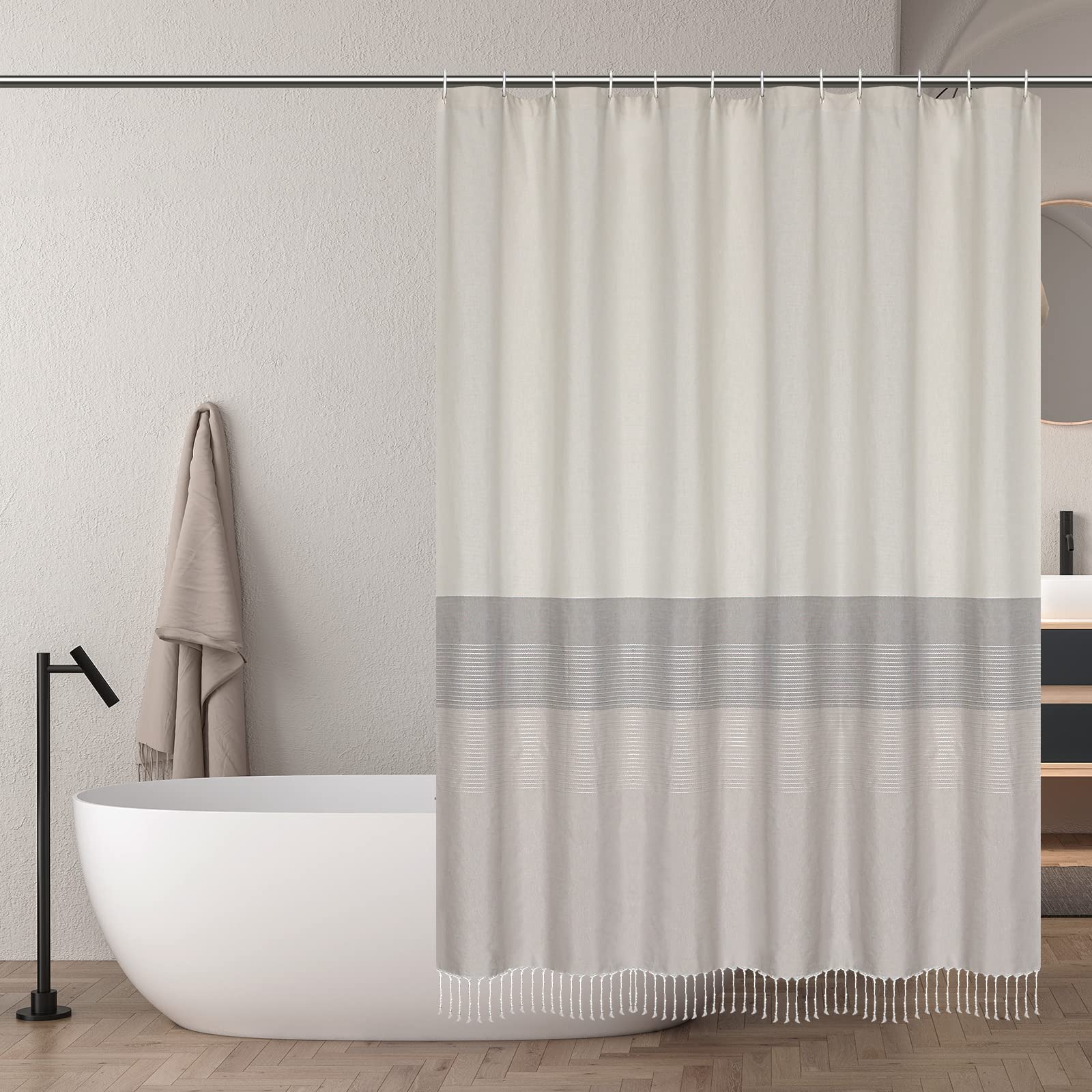 MORNEEX Boho Farmhouse Cotton Fabric 220 GSM Shower Curtain Set 12 Hooks Include Fringe Lace, Washable and Waterproof Hotel Style Beige?72 * 72inches?