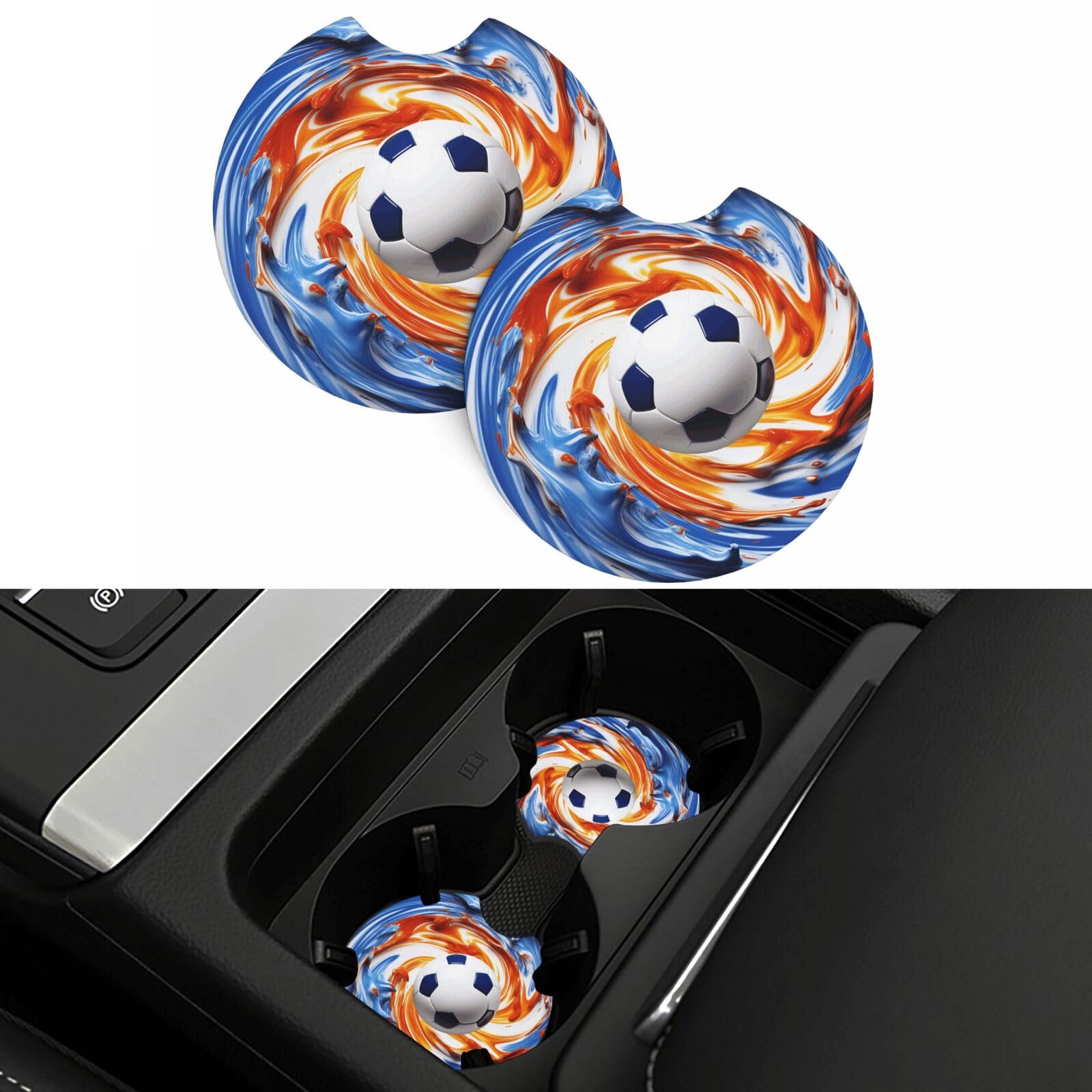 Soccer Ball in Blue and White Swirls Car Coasters 2 Pcs, Universal Non-Slip Rubber Car Cup Holder for Cup Holders, 2.75 Inch Neoprene Cup Pad Mat Coaster Car Interior Accessories for Women Men