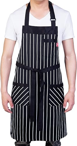 Miniatura 8 de Delantal de cocina ajustable con bolsillos y cintas largas para mujeres y hombres, negro, blanco (4), 1 unidad