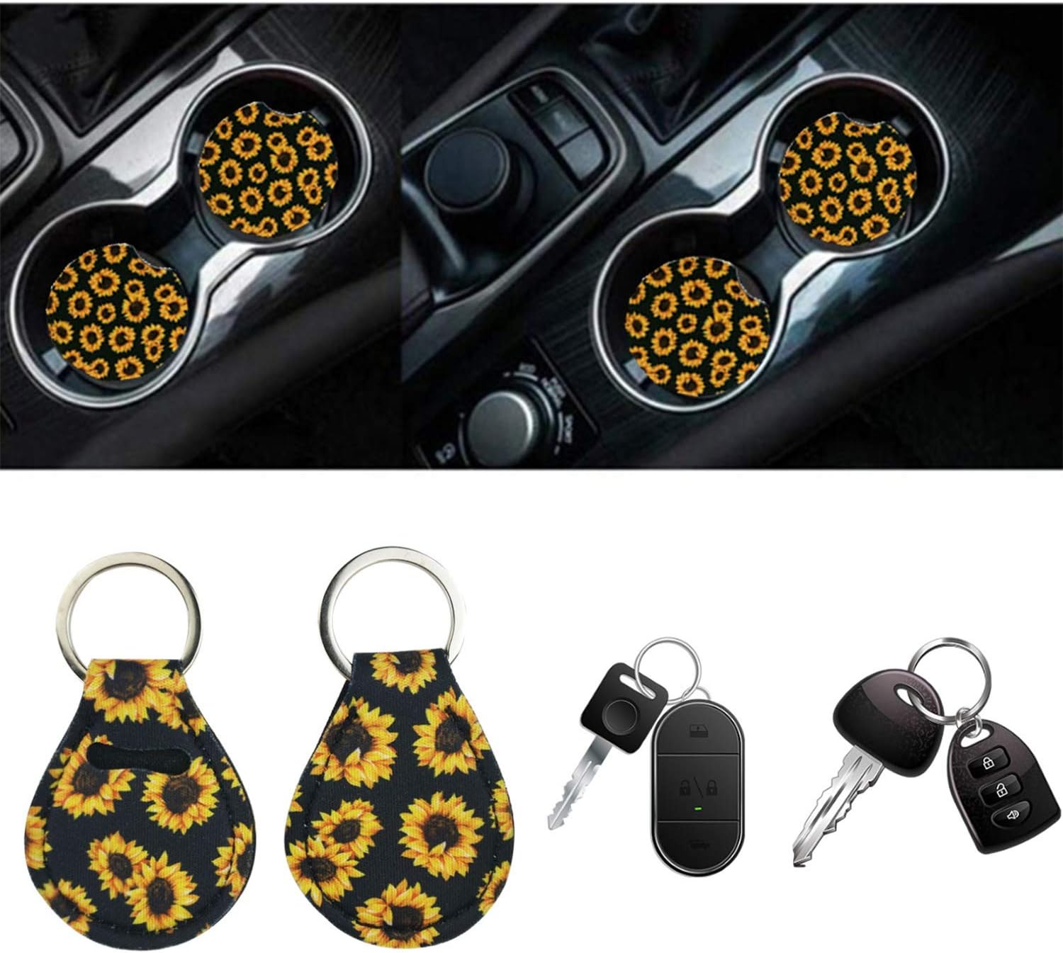 10PCS Sunflower Accessories for Car Wheel Cover,2PCS Front Seat Covers Sunflower Gifts for Women,Pattern Center Pad,Cup Holder Coaster Keyring Car Vent Coaster,Universal for Auto Truck SUV