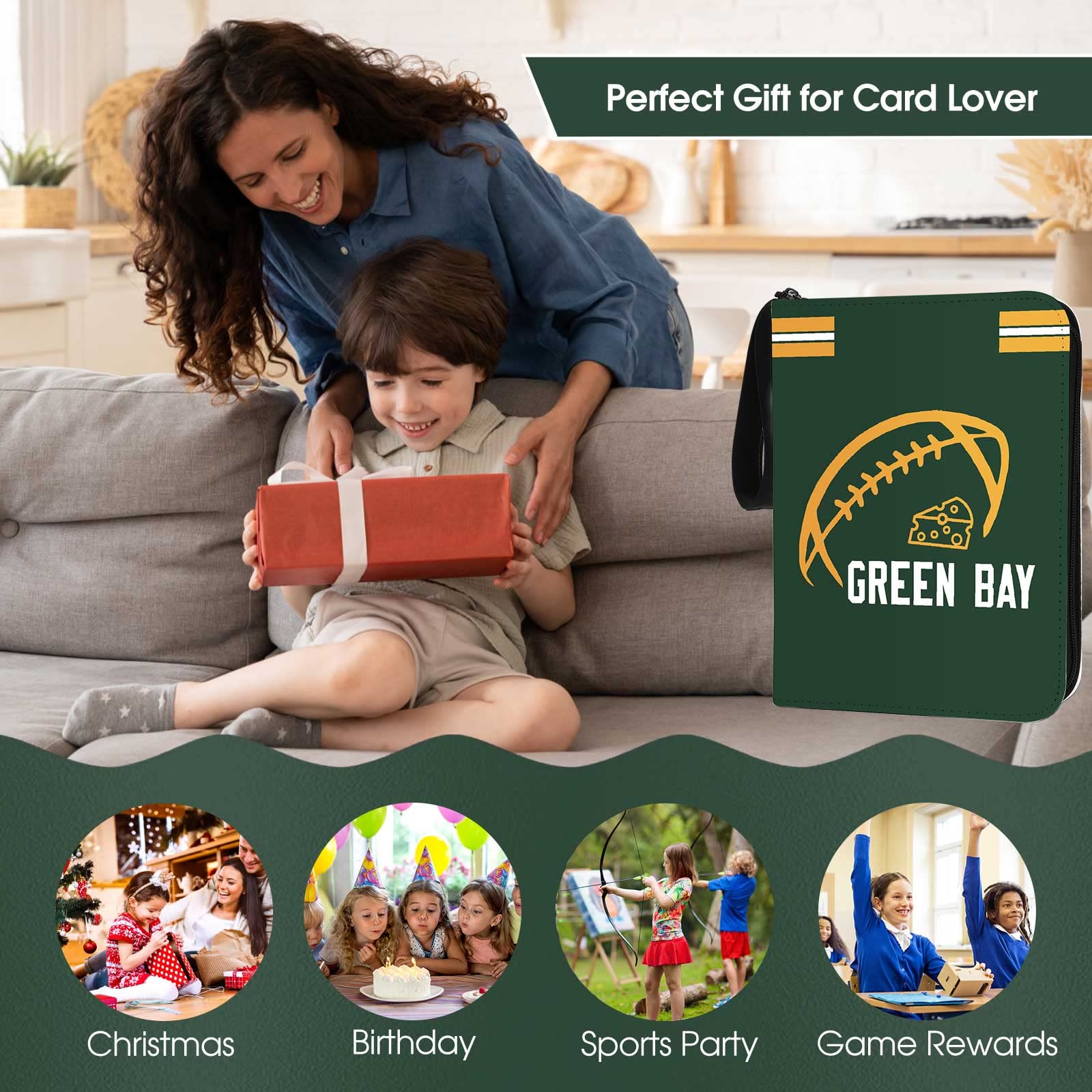 Raccoglitore per carte da calcio con maniche, 400 tasche, porta carte da calcio Green Bay per carte collezionabili Sport Card Raccoglitore a 3 anelli Cartella per collezionisti di calcio Custodia per