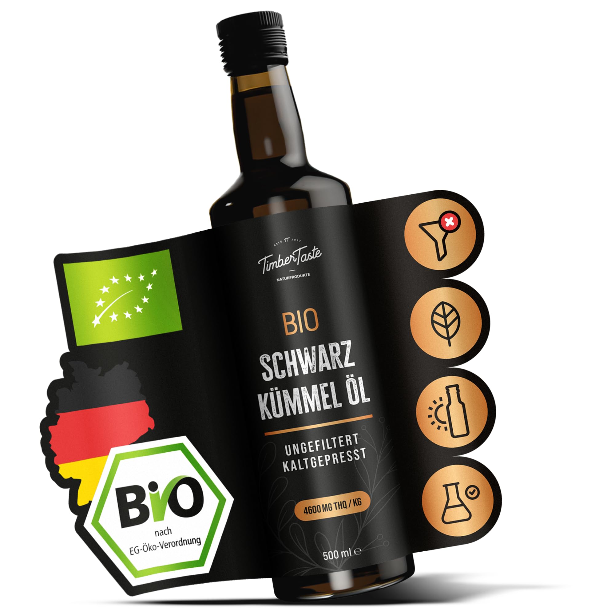 Schwarzkümmelöl Bio kaltgepresst ungefiltert 500ml Kümmelöl – Ägyptisches Black Seed Oil mit hohem Thymochinongehalt (4600 mg/1000 ml), keto & vegan aus deutscher Ölmanufaktur