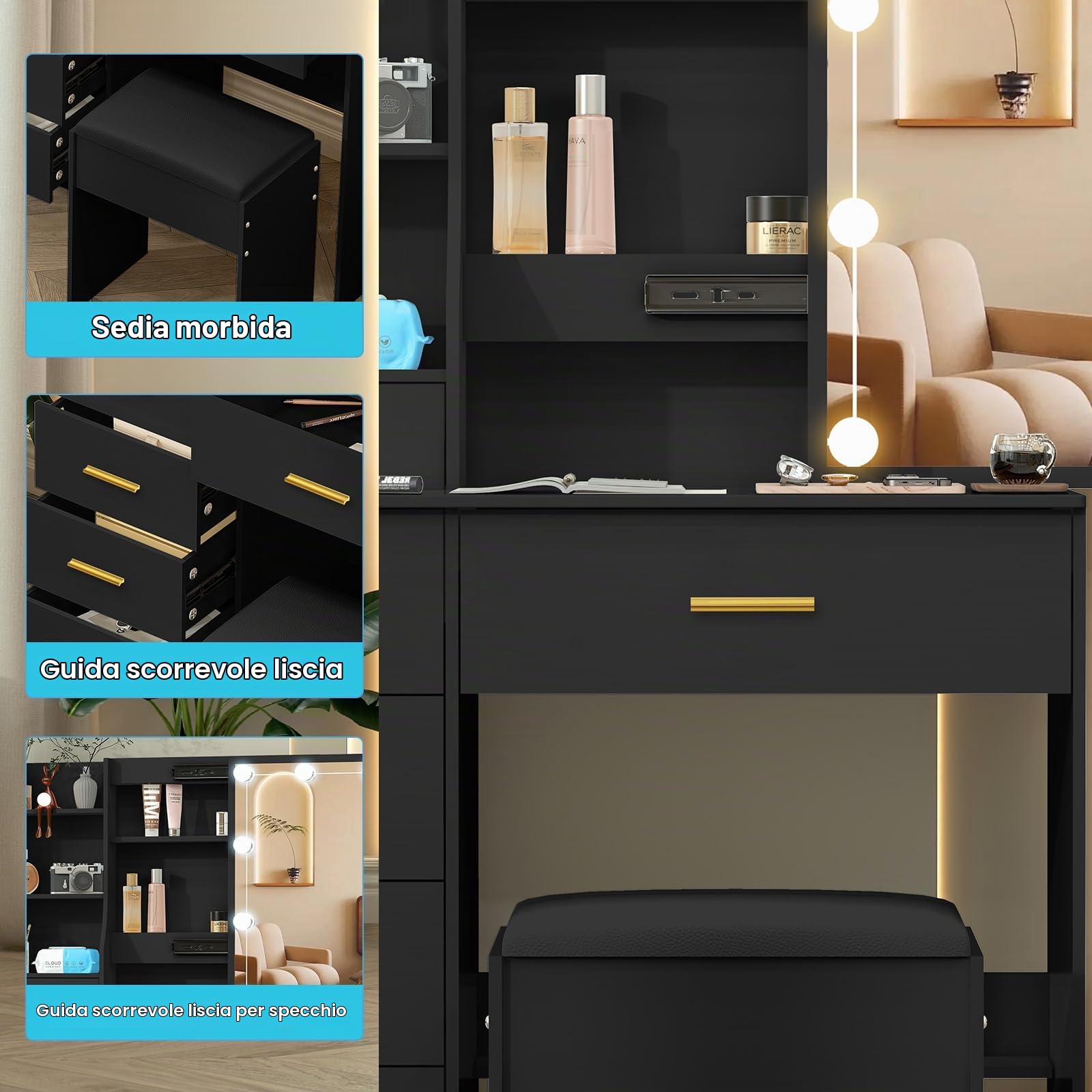 Toeletta da Trucco con Specchio Scorrevole e Sgabello, Scrivania Make Up Ampia con Luci Dimmerabili e Guida Video, Postazione Trucco con 6 Cassetti e 6 Ripiani, Nero, 36×80×131 cm, J328