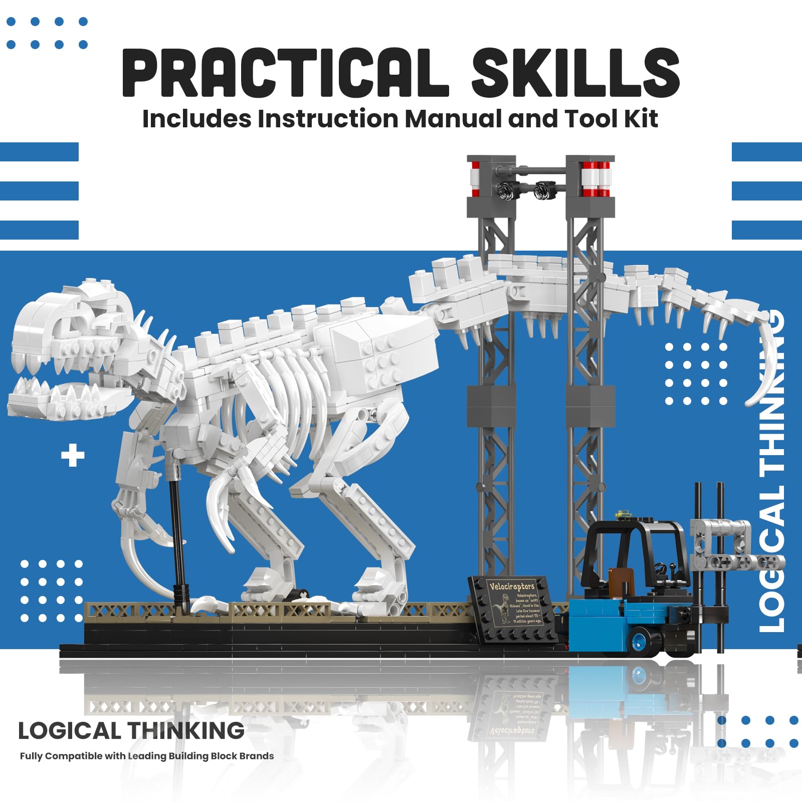 Mould King 29005 - Kit de construcción de Esqueleto de Dinosaurio - Velociraptor Mosasaurus - Bloques de construcción con Base - Regalos de colección para Adultos (1418 Piezas)