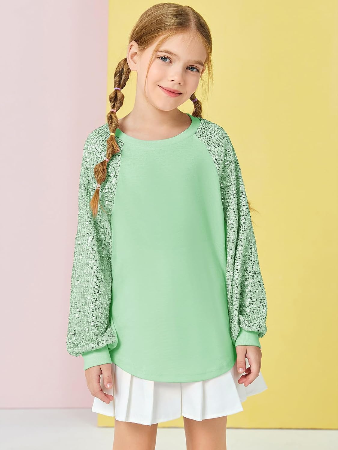 Haloumoning Girls Sequin Sweatshirts Kids Fashion Crewneck Long Batwing Sleeve Pullover Clothes 5-14 Years