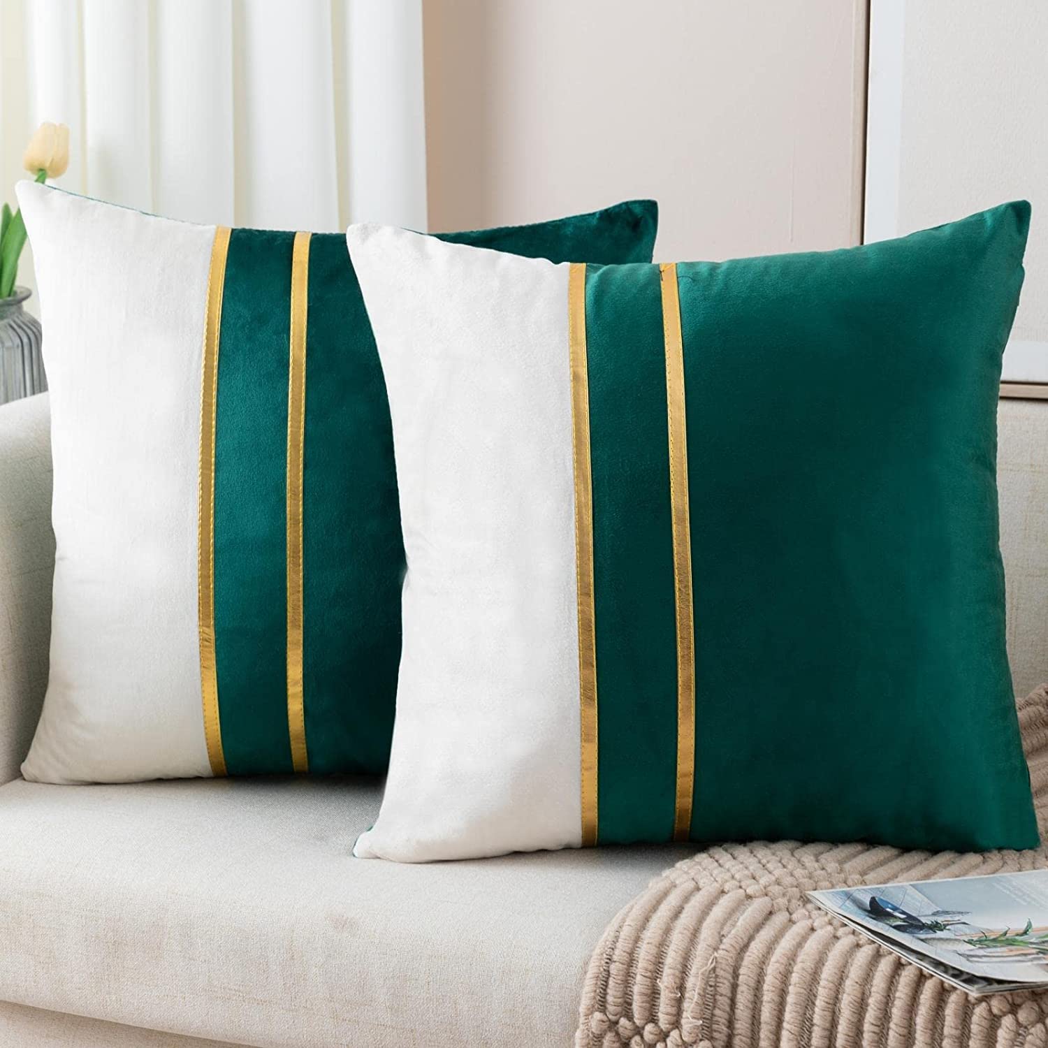 Vinayaka Fab Set of 2 Velvet Throw Pillow Covers, 16 x 16 Inches - Soft Decorative Cushion Covers with Gold Leather Accent for Sofa, Bedroom, Living Room, or Car (Dark Green Off White/Gold)