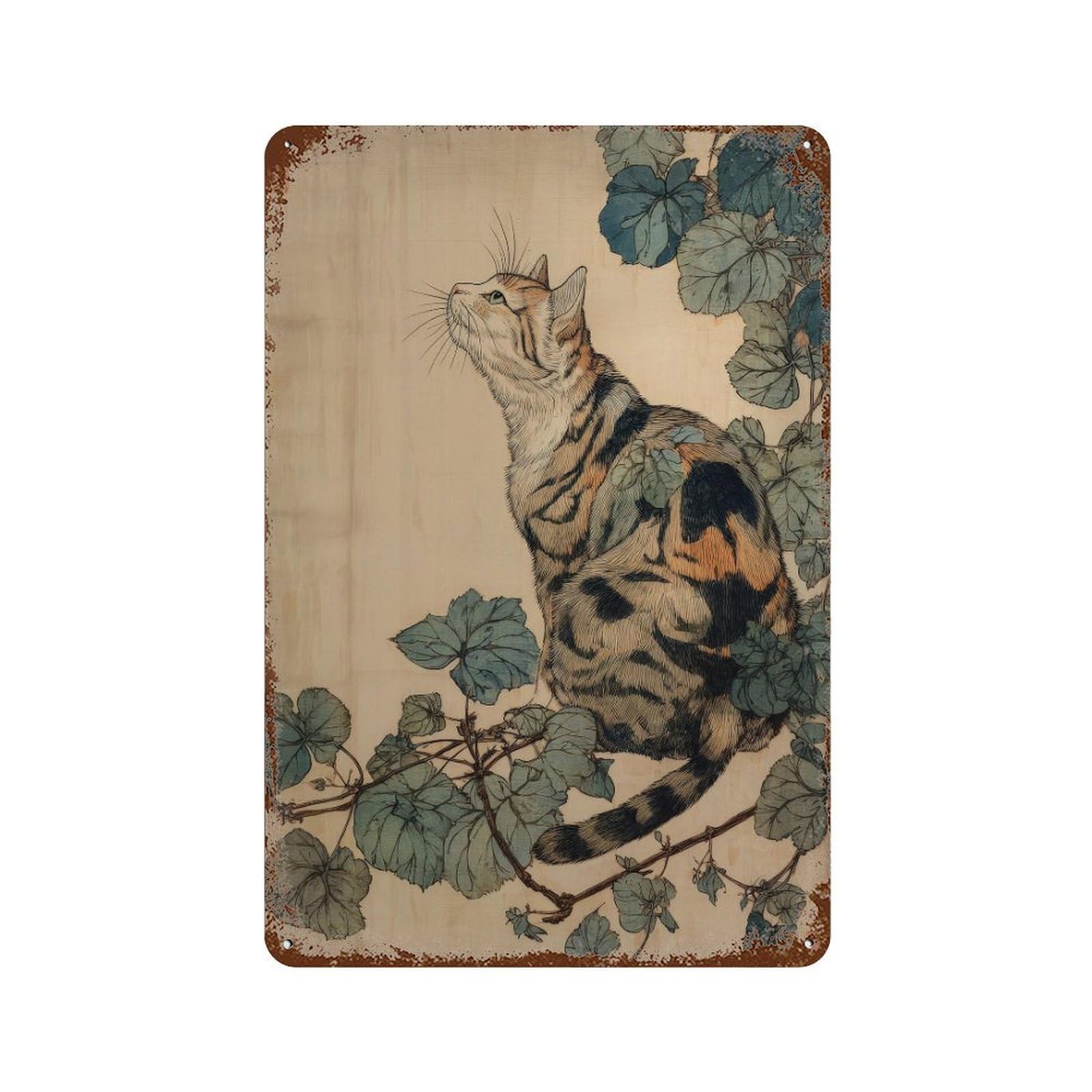 xiaoxiaoshen Japanese Cat Japan Oriental Traditional Woodblock Style. Zen Nature Home Decor Wall Decor Art Metal Tin Poster Modern Home Decor Art Home Bar Shop Decorations Vintage Sign 30x20cm