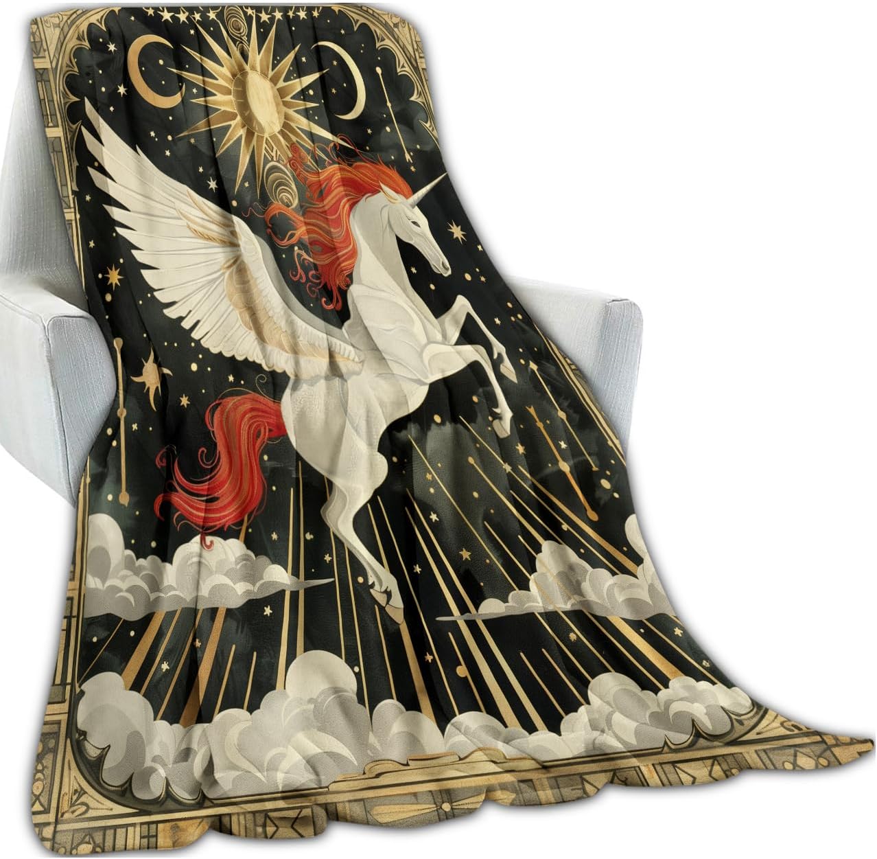 Unicorn Pegasus Blanket 60x80 in Birthday Gifts, Mythical Celestial Sun Moon Throw Blankets for Home Traveling Camping Car Decor, Comfort Fluffy Warm Throws, for Boys Kids Fantasy Lovers