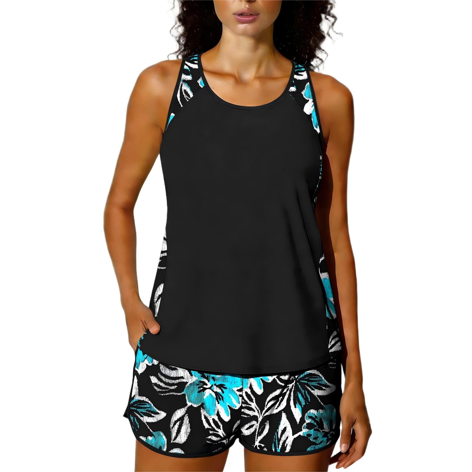 Znwerma Women's A02-Sky Blue Tankini With Shorts Tankins Sets For Uk Tummy Control Padded Swimming Costume Hawaiian Floral Patterns Beach Vacation Swimsuit 2 Piece Boyleg Modest Bathing Suits