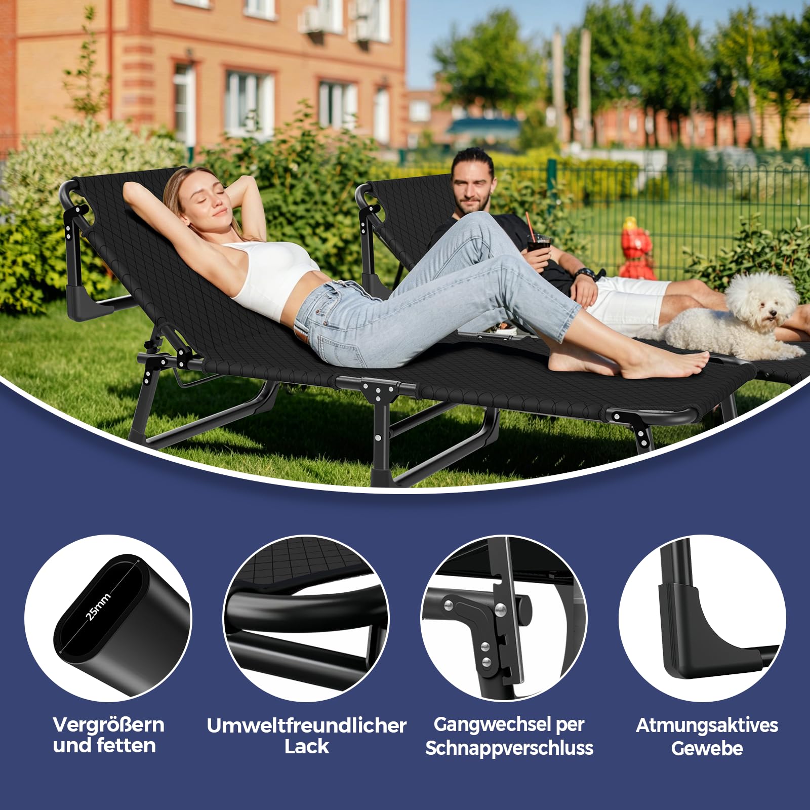 Campingbett Klappbar mit Matratze&Nackenkissen, 190x75x30cm bis 200KG, Tragbar Feldbett mit Groß Seitentasche, Sonnenliege Outdoor&Indoor, Gästebett Faltbar Oxford-Gewebe, Tragetasche, Schwarz