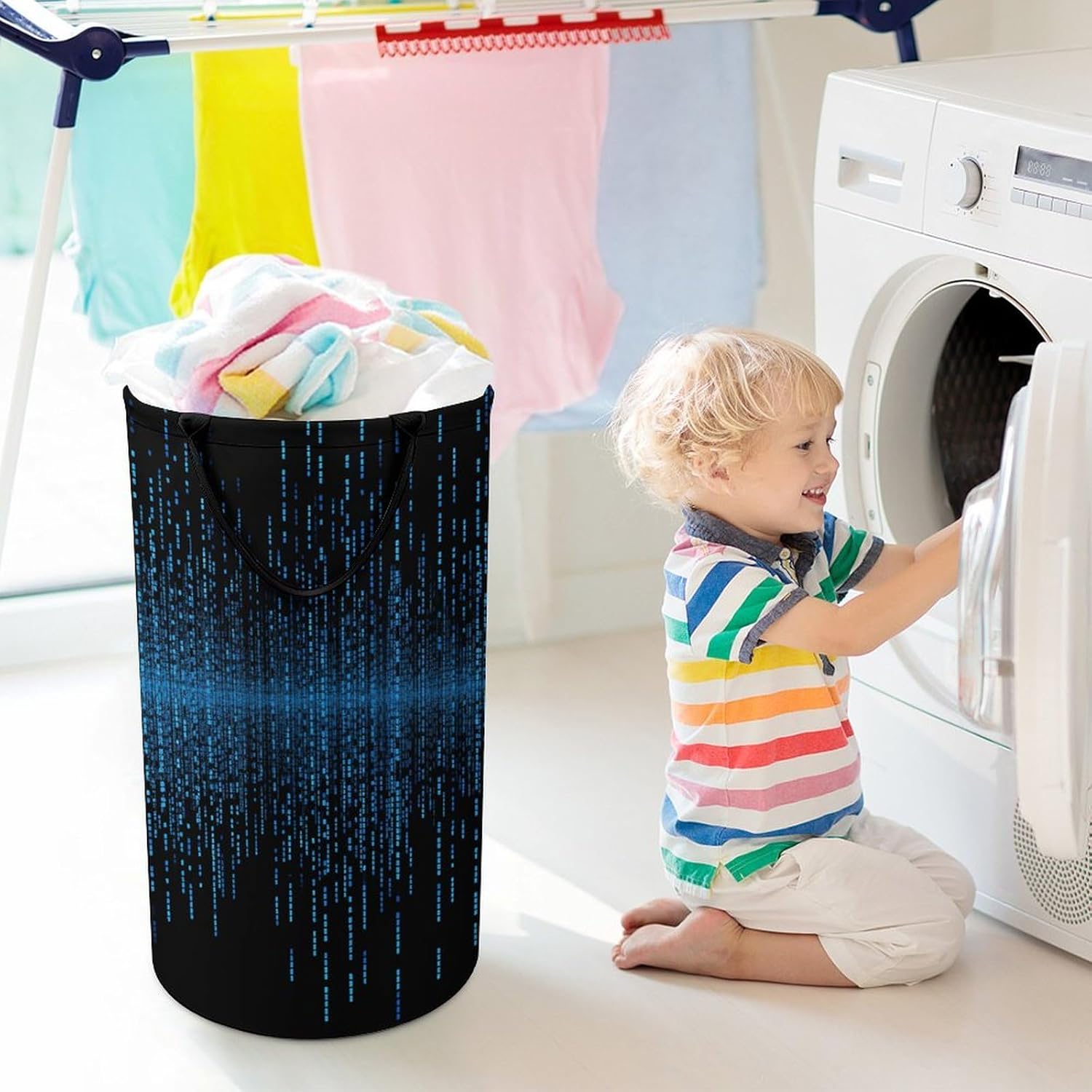 The Blue Binary Matrix Laundry Hamper Large Collapsible Laundry Basket with Handles Waterproof Clothes Hamper Portable Dirty Clothes Basket for Bedroom Laundry Room Closet Bathroom