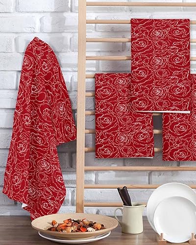 Miniatura 2 de Kitchen Towel 2 Packs Cotton Waffle Weave, Valentine's Day Line Rose Flowers Geometric 16 x 24 Inch Absorbent Quick Drying Dish Towels Clothes for