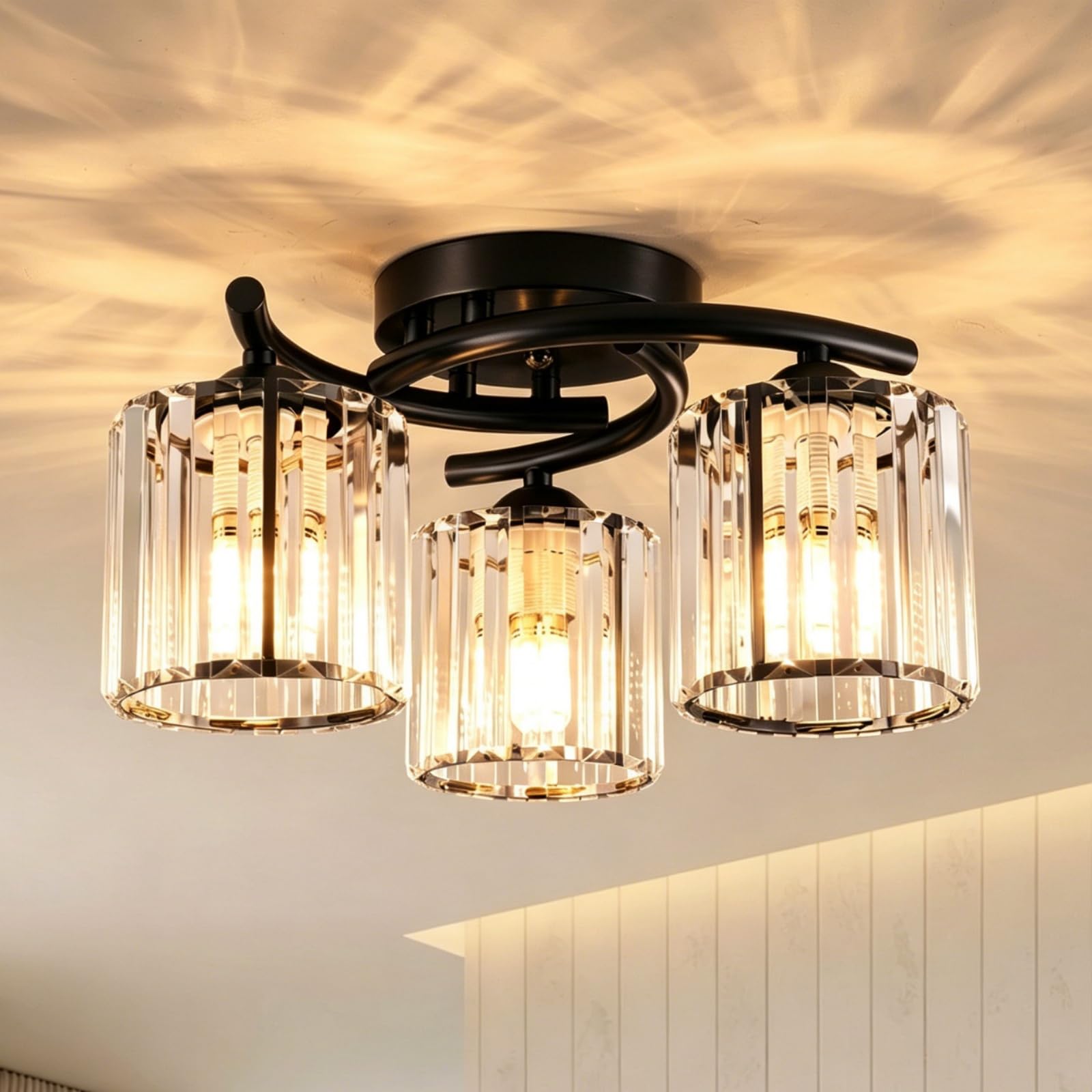 Warmiehomy Modern Crystal Chandeliers Ceiling Lights 100W, 3-Lights Crystal Chandeliers Light Shade, E27 Semi Flush Light Fittings for Living Room Bedroom Kitchen Hallway, Black