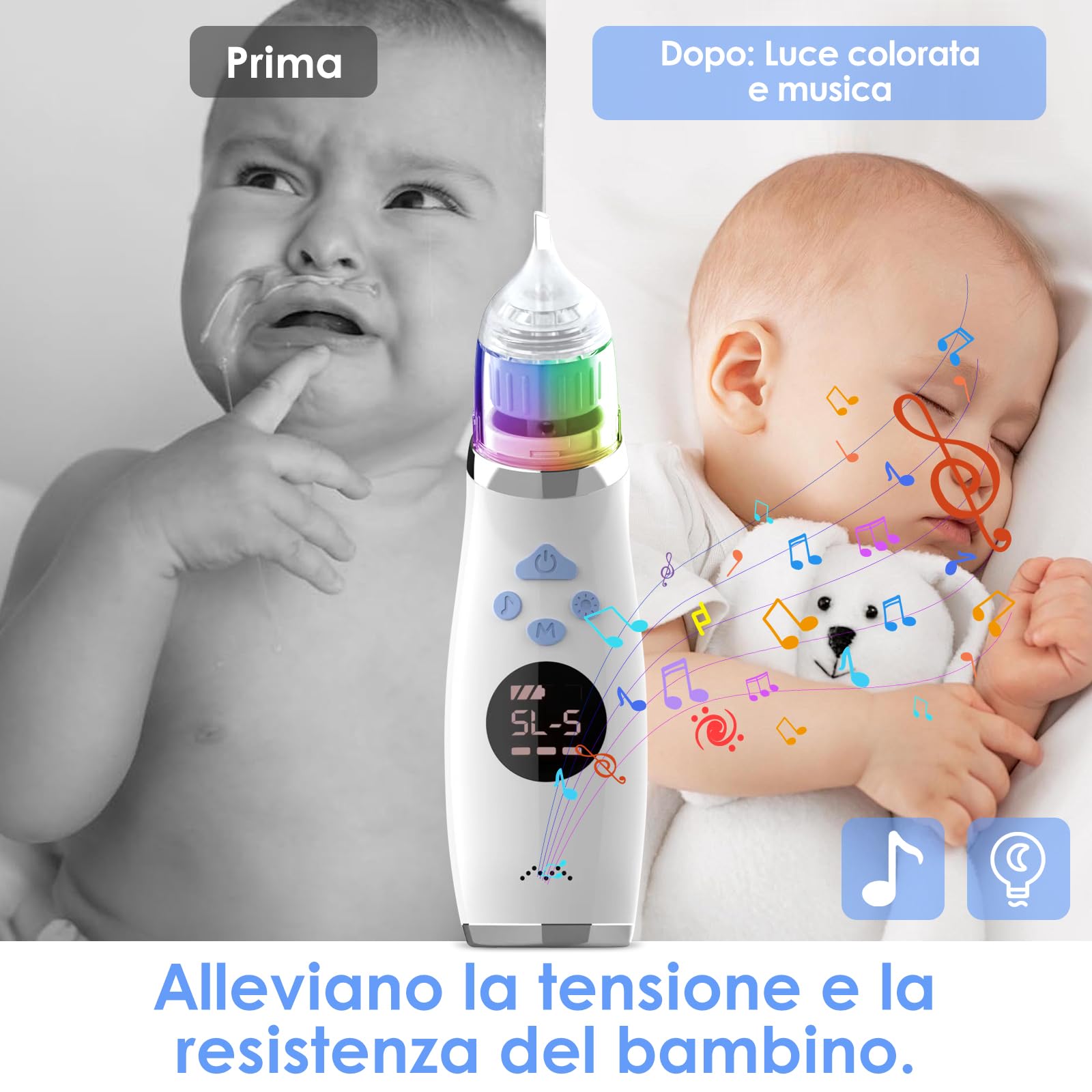 Journeyside Aspiratore Nasale Elettrico per Neonato e Bambini con 3 Punte in Silicone Morbido, 5 Livelli di Aspirazione Regolabili, Musica e Luci LED, Pulizia Nasale Sicura e Delicata
