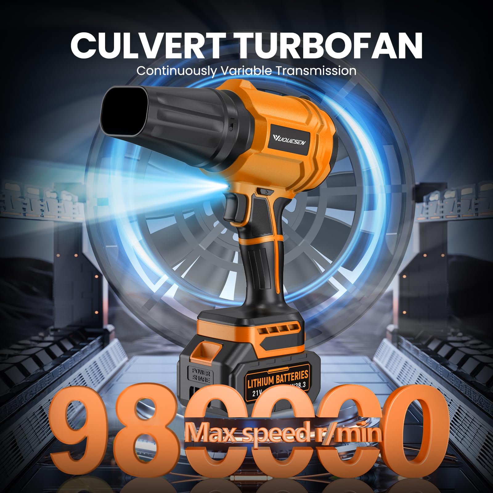 YUQUESEN Cordless Leaf Blower, 980,000 RPM Handheld Leaf Blower with 2 X 4.0Ah Batteries & Charger, Lightweight Leaf Blowers for Patio Cleaning, Lawn Care, Leaves, Dust - Orange - Detailed View