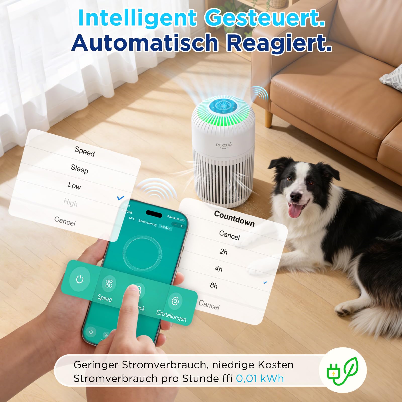 PEXCHO Luftreiniger Allergiker, 4-in-1 HEPA Filter, bis 35㎡ Aroma | App-Steuerung, Timer, 12W Aktivkohle Luftfilter entfernt 99,97% Allergene, Pollen, Tierhaare und Gerüche, Nachtlich leise