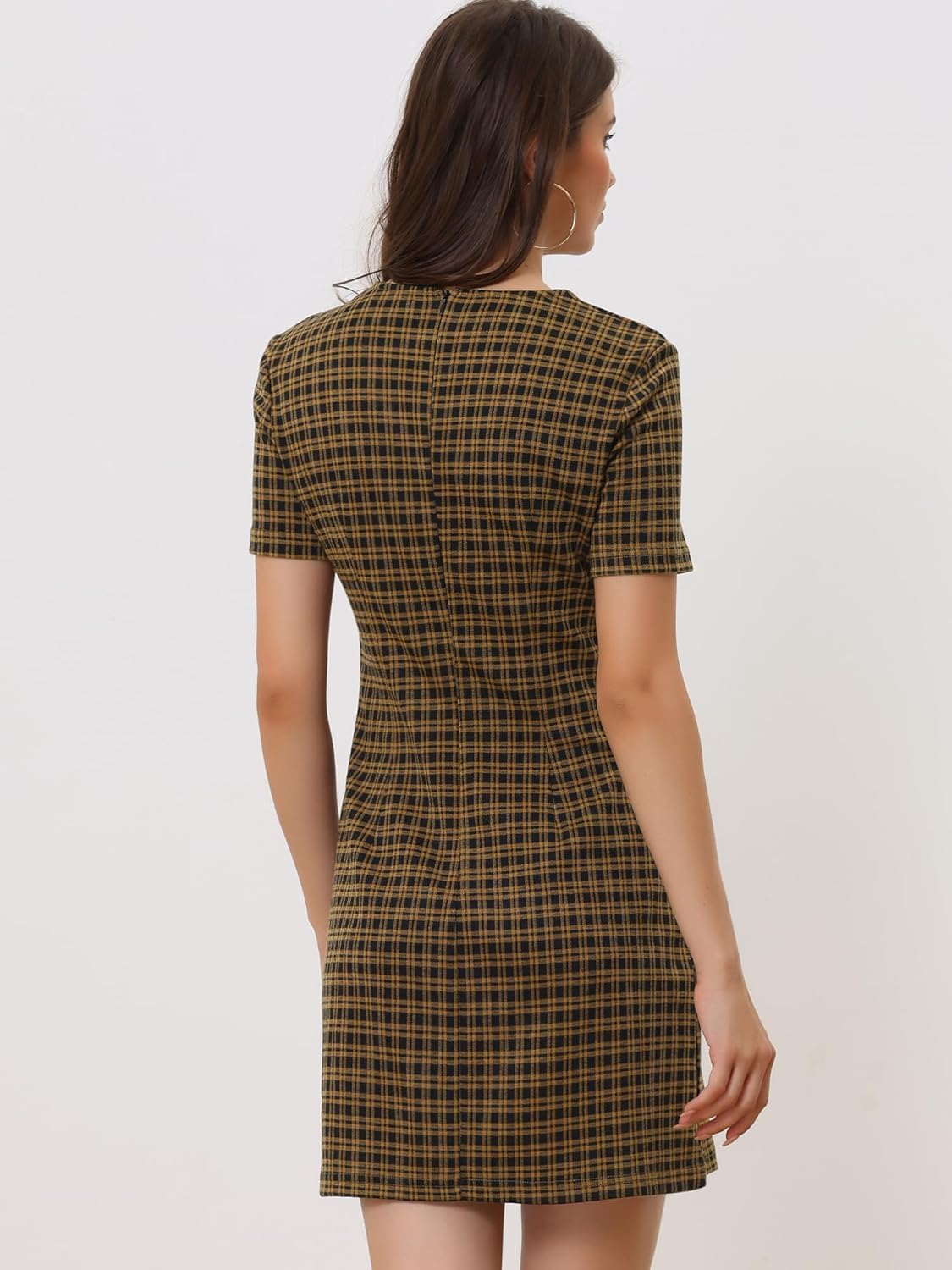 Allegra K Work Dress for Women Short Sleeve Vintage Houndstooth Above The Knee Dress - Image 2