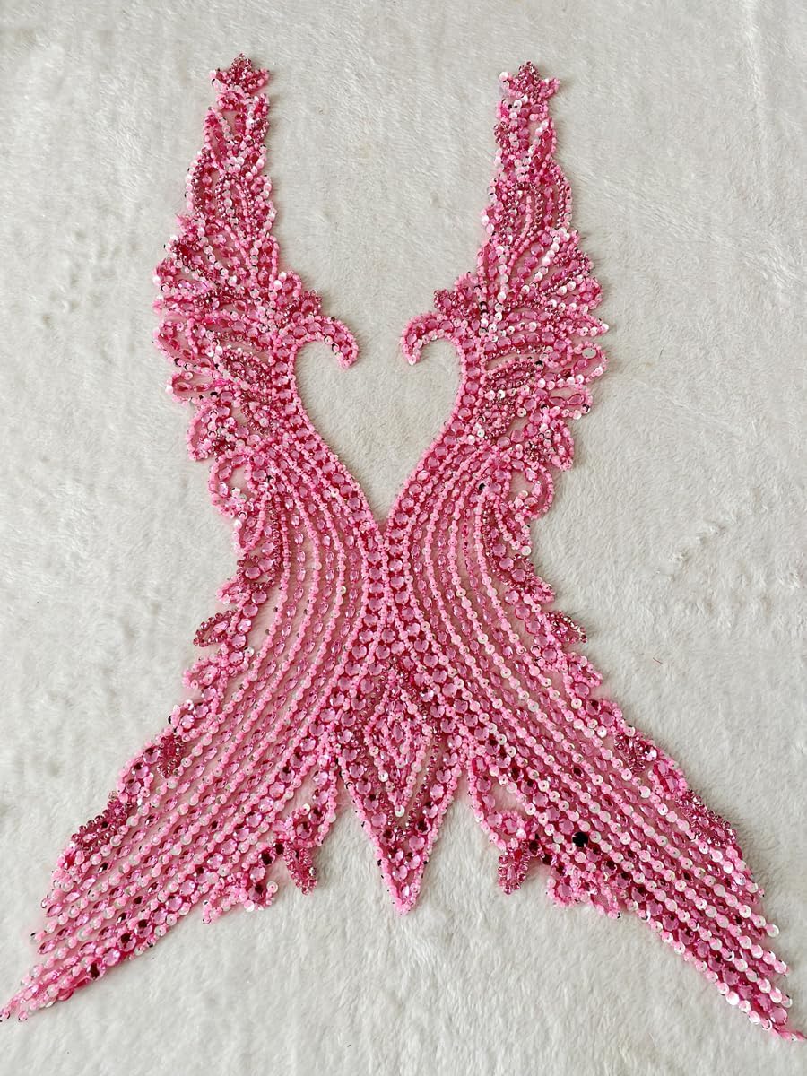 Pure Hand Sewing Beads Applique Rhinestones Trim Patches Shiny Cloth Accessories 15X26in (Pink)