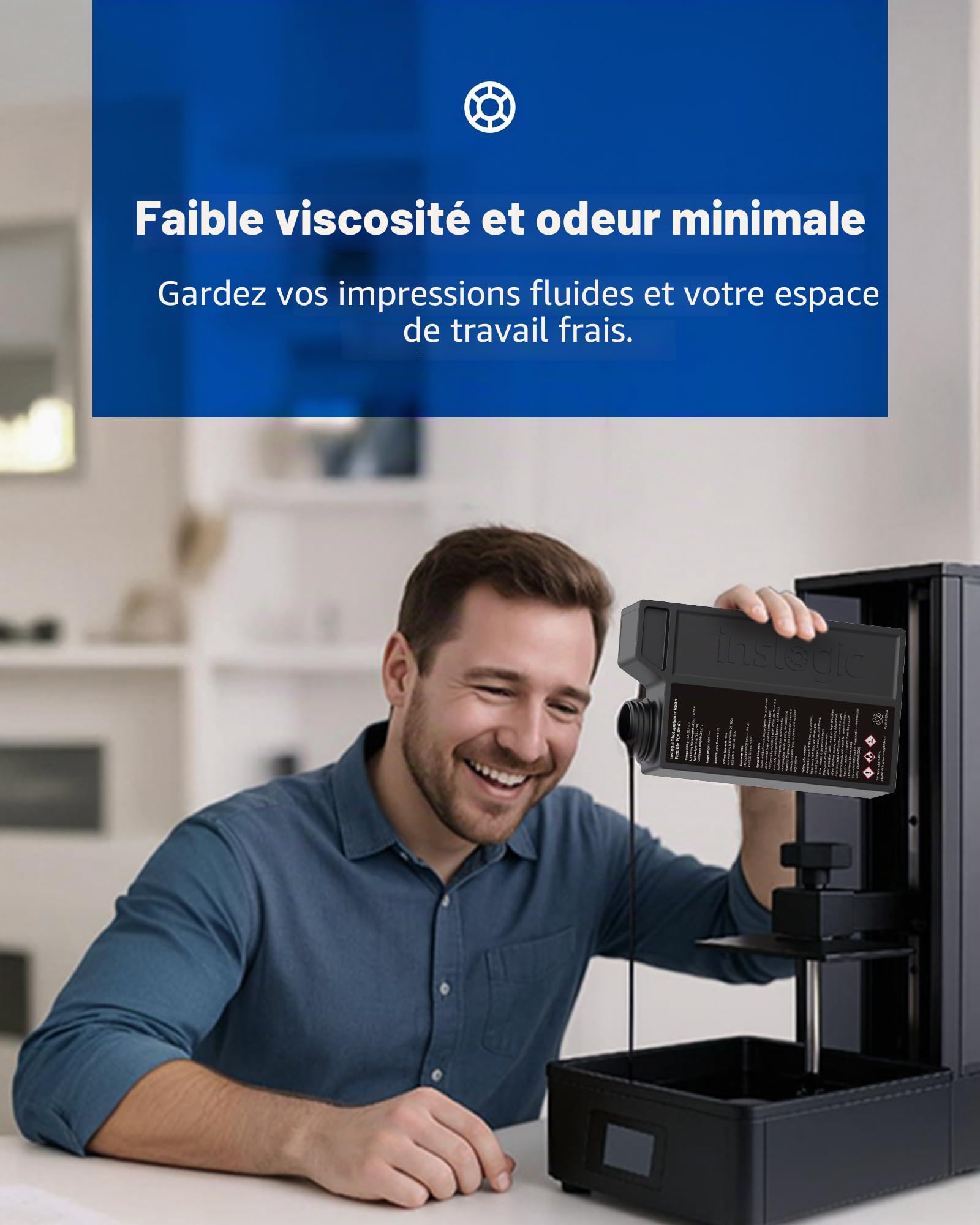 Inslogic Résine 3D flexible 70A Résine souple & non cassante pour objets flexibles, durcissement UV rapide 405 nm, 1kg Noir